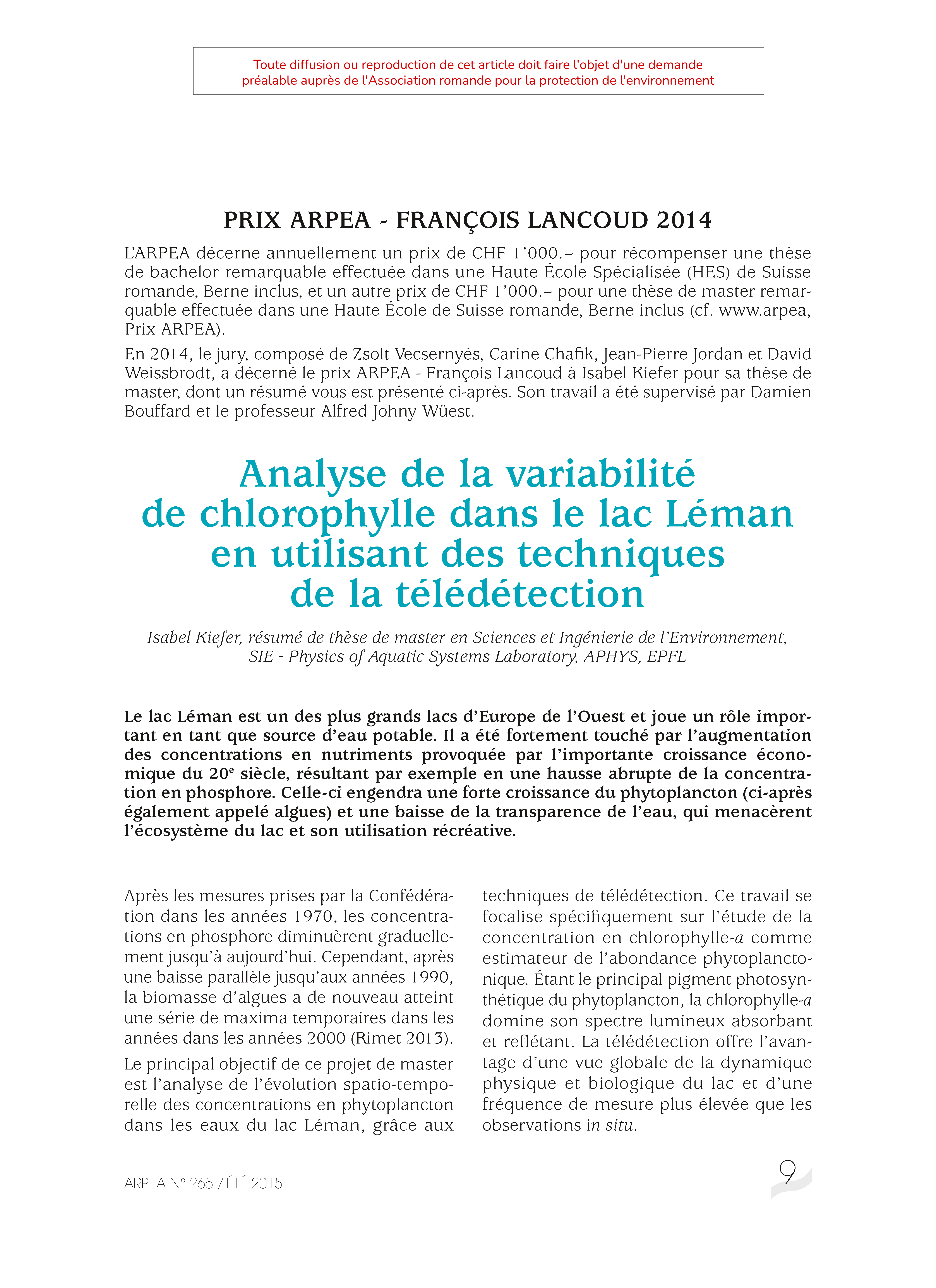 Analyse de la variabilité de chlorophille dans le lac Léman en utilisant des techniques de la télédétection