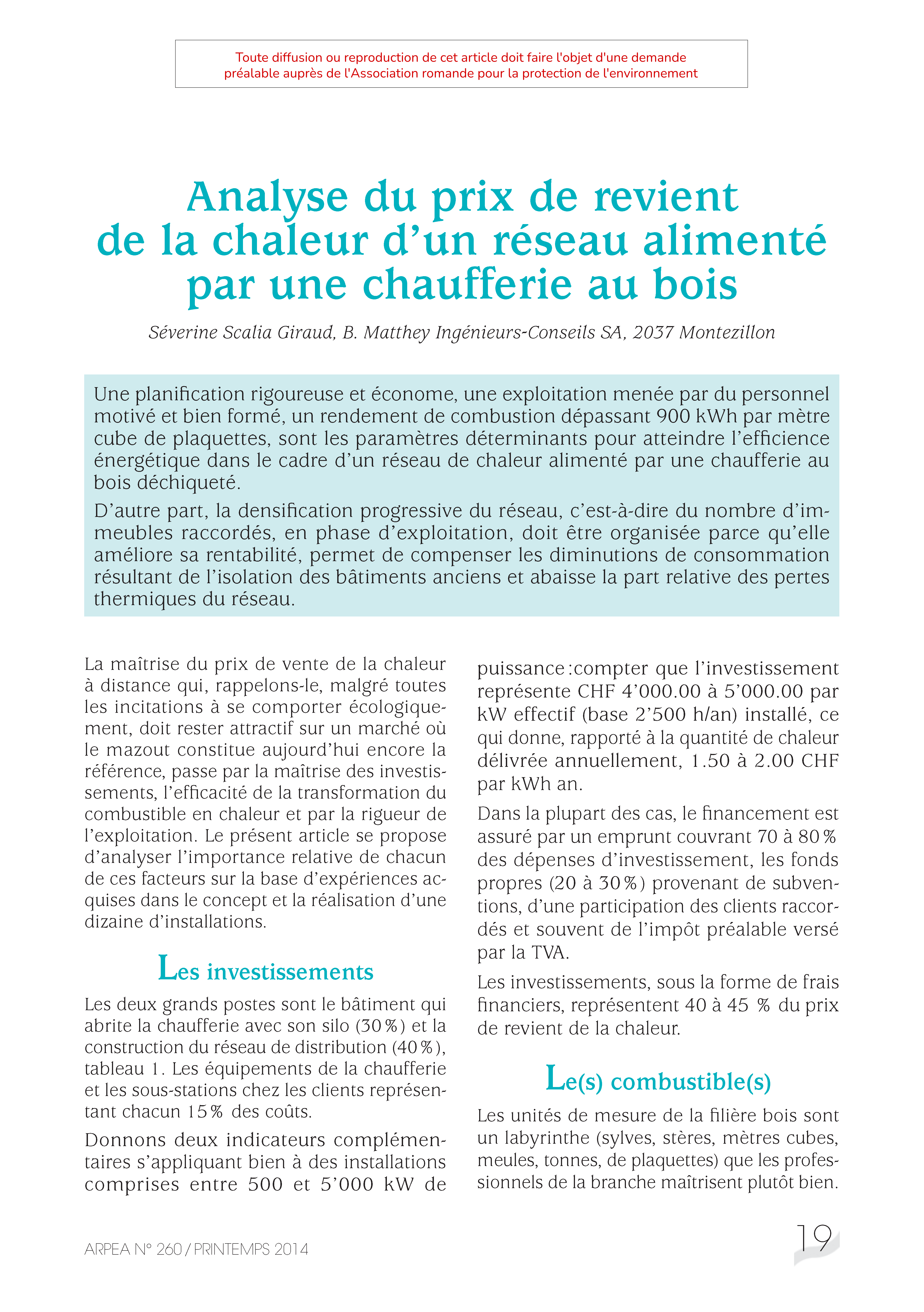 Analyse du prix de revient de la chaleur d’un réseau alimenté par une chaufferie au bois