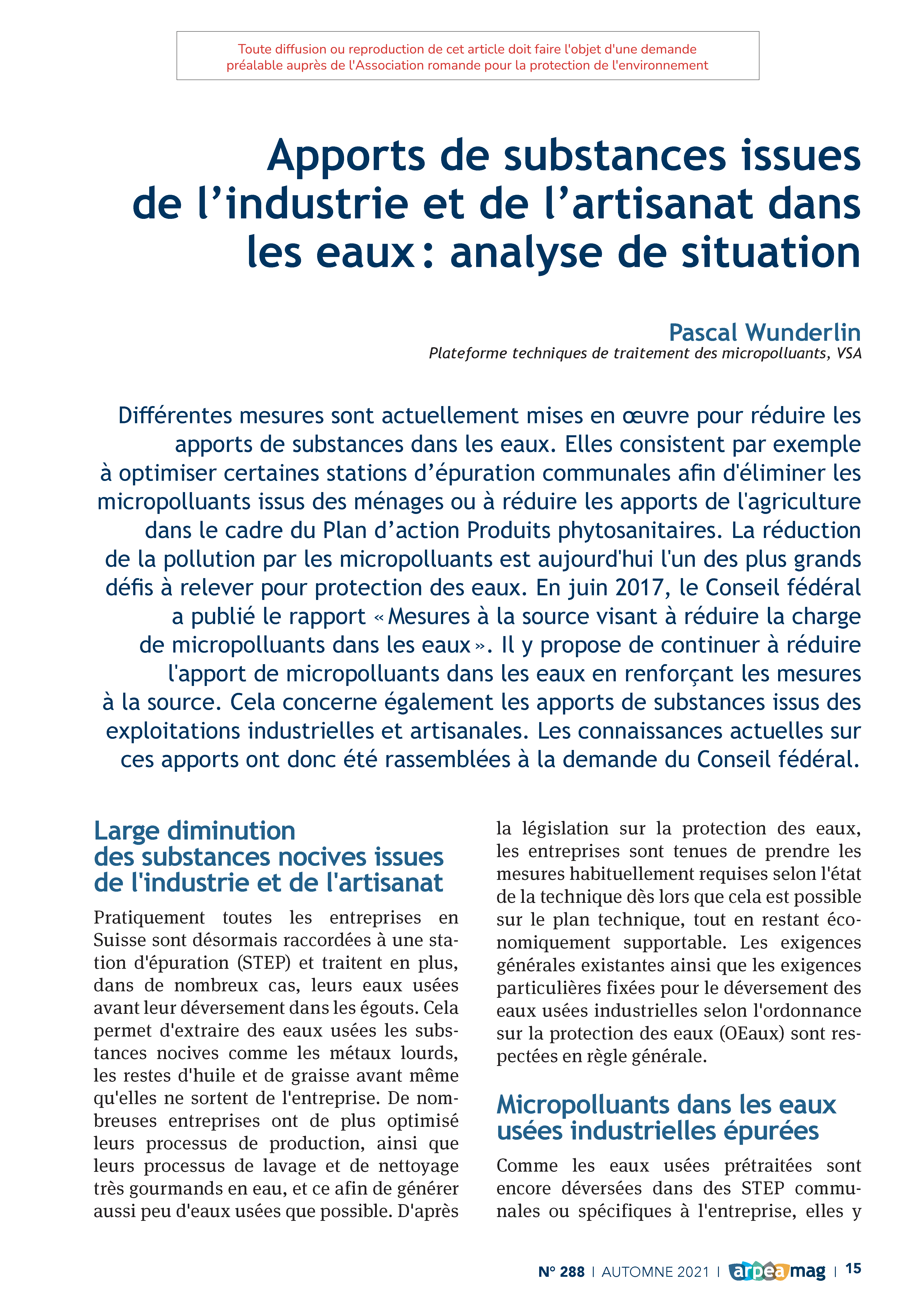 Apports de substances issues de l’industrie et de l’artisanat dans les eaux : analyse de situation