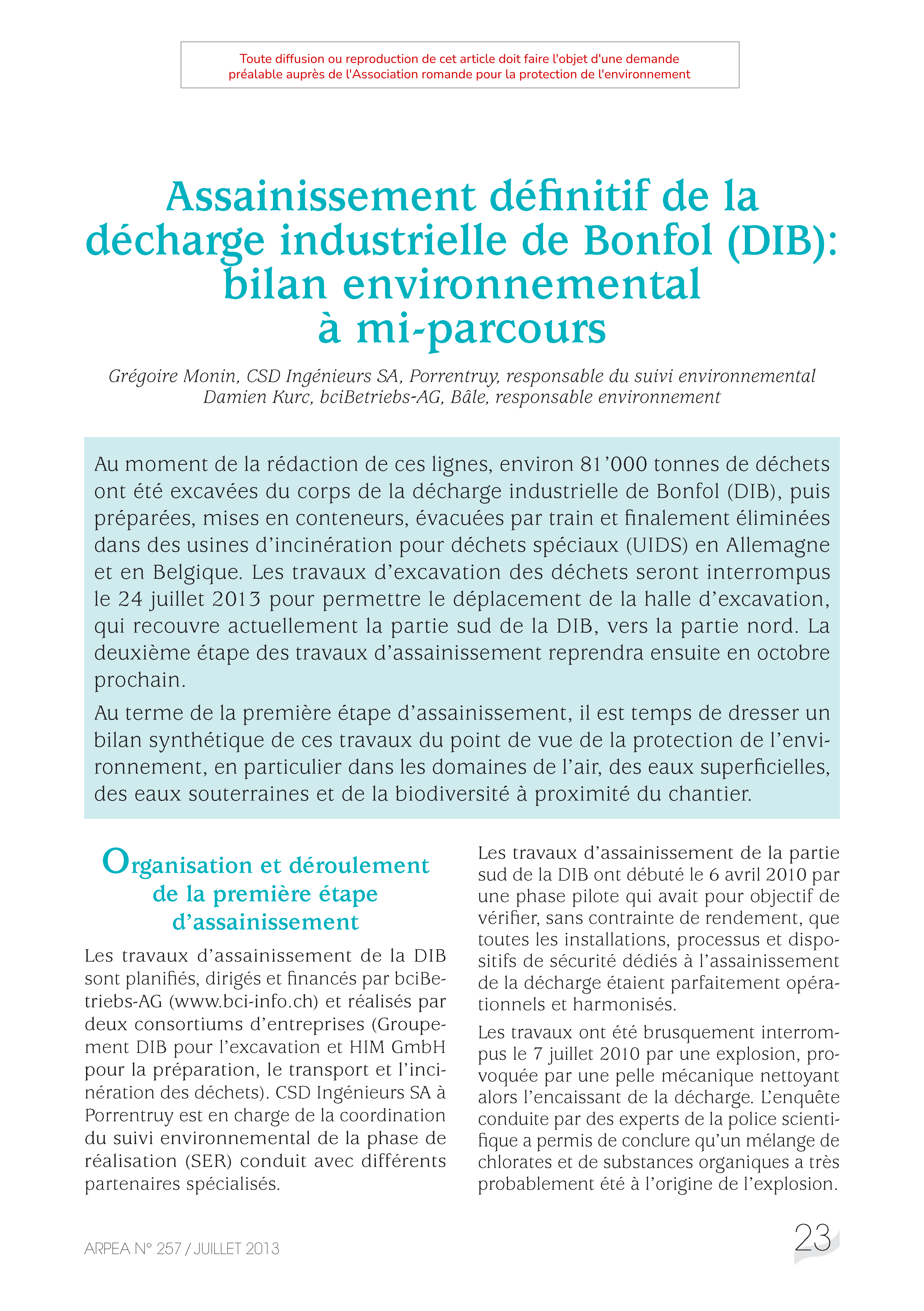 Assainissement définitif de la décharge industrielle de Bonfol (DIB) : bilan environnemental à mi-parcours