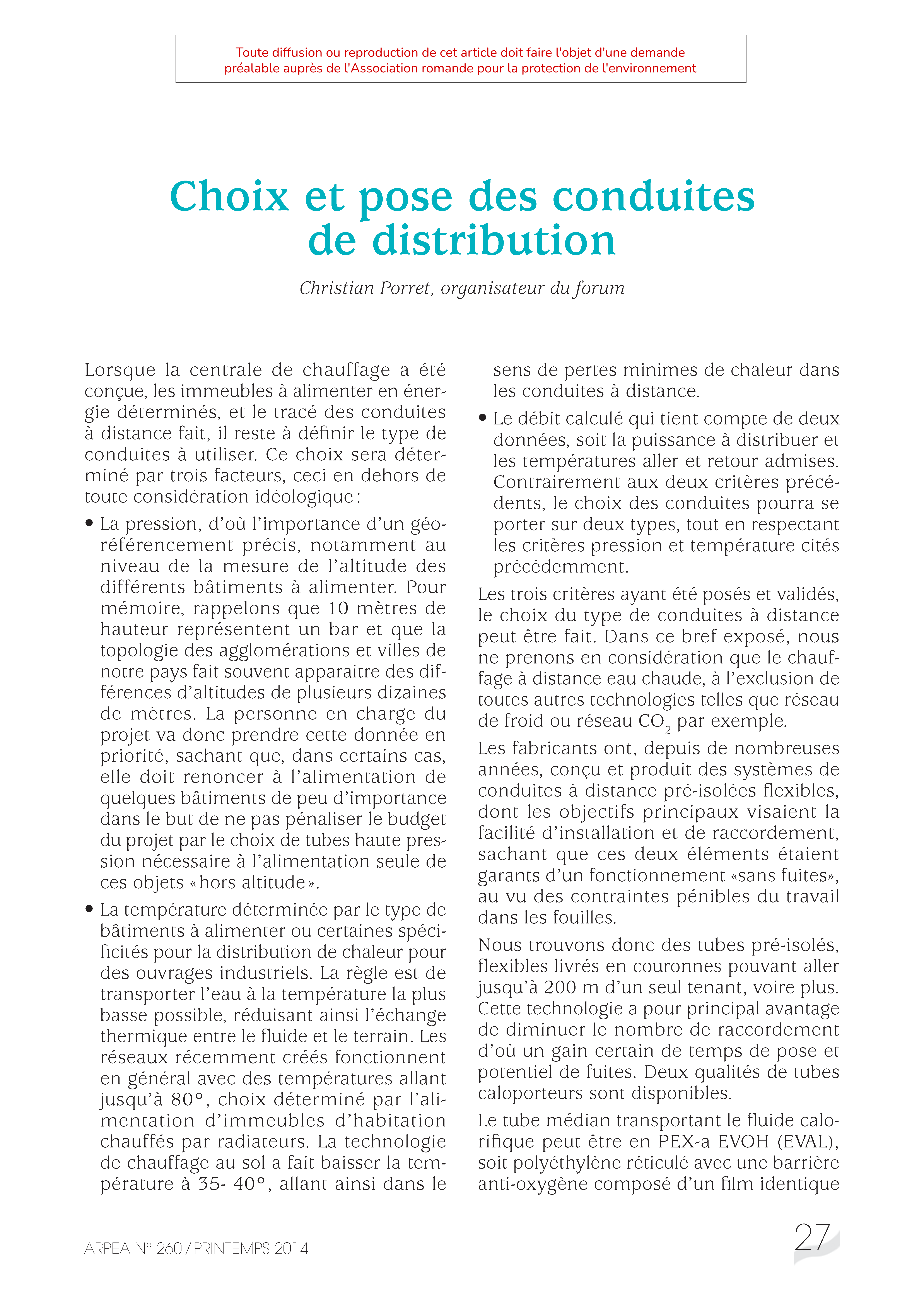 Choix et pose des conduites de distribution