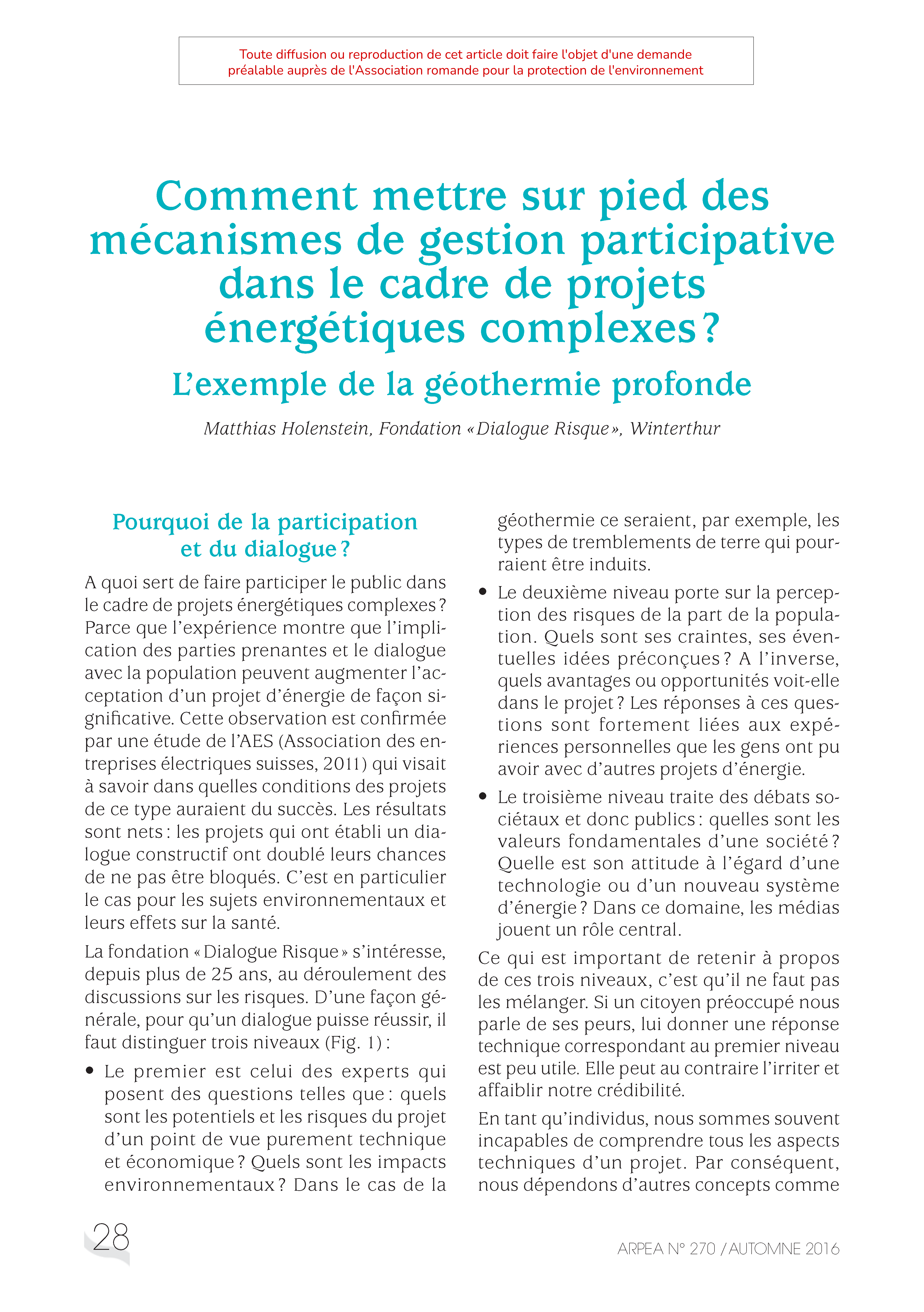 Comment mettre sur pied des mécanismes de gestion participative dans le cadre de projets énergétiques complexes ? L’exemple de la géothermie profonde