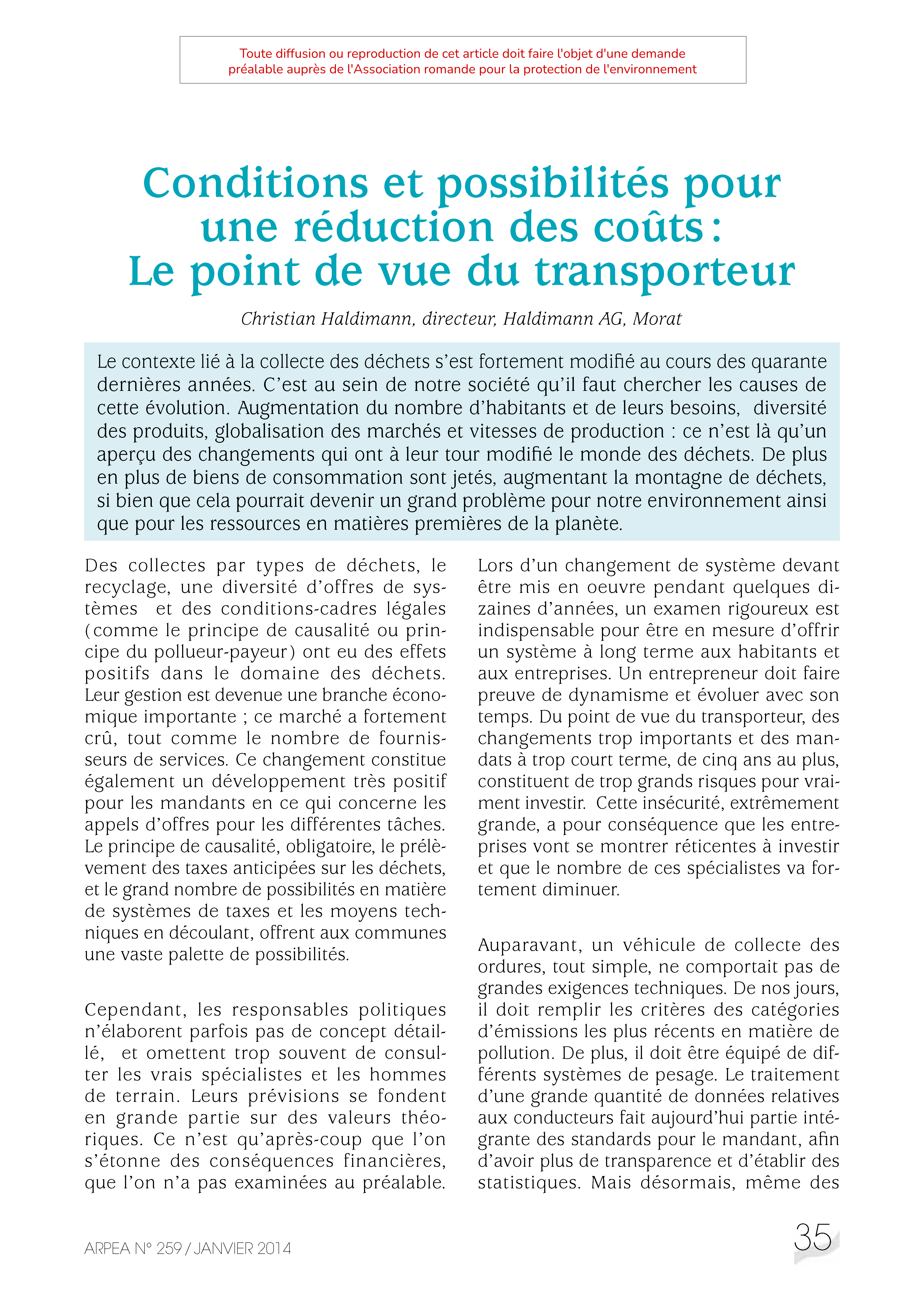 Conditions et possibilités pour une réduction des coûts : Le point de vue du transporteur