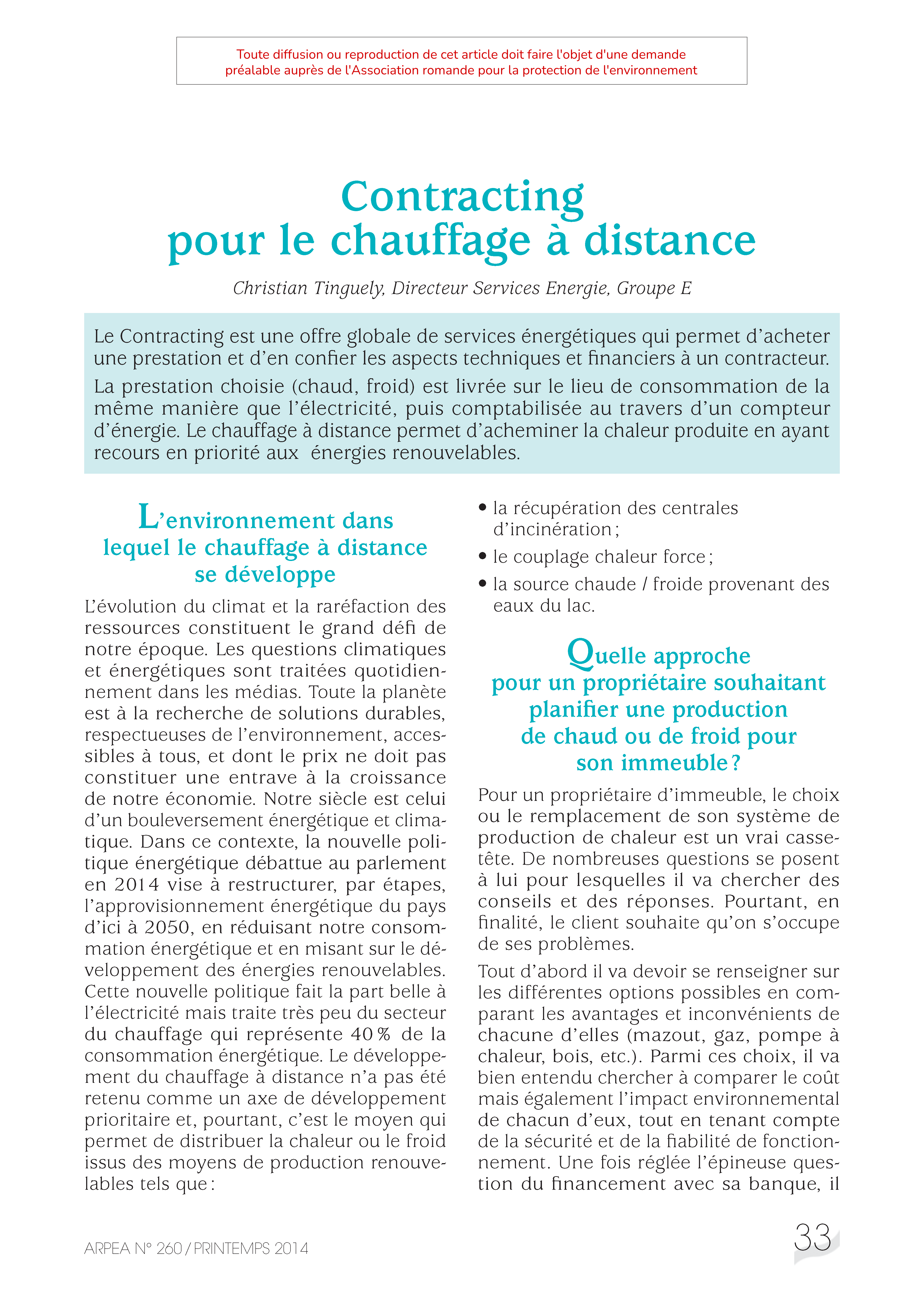Contracting pour le chauffage à distance