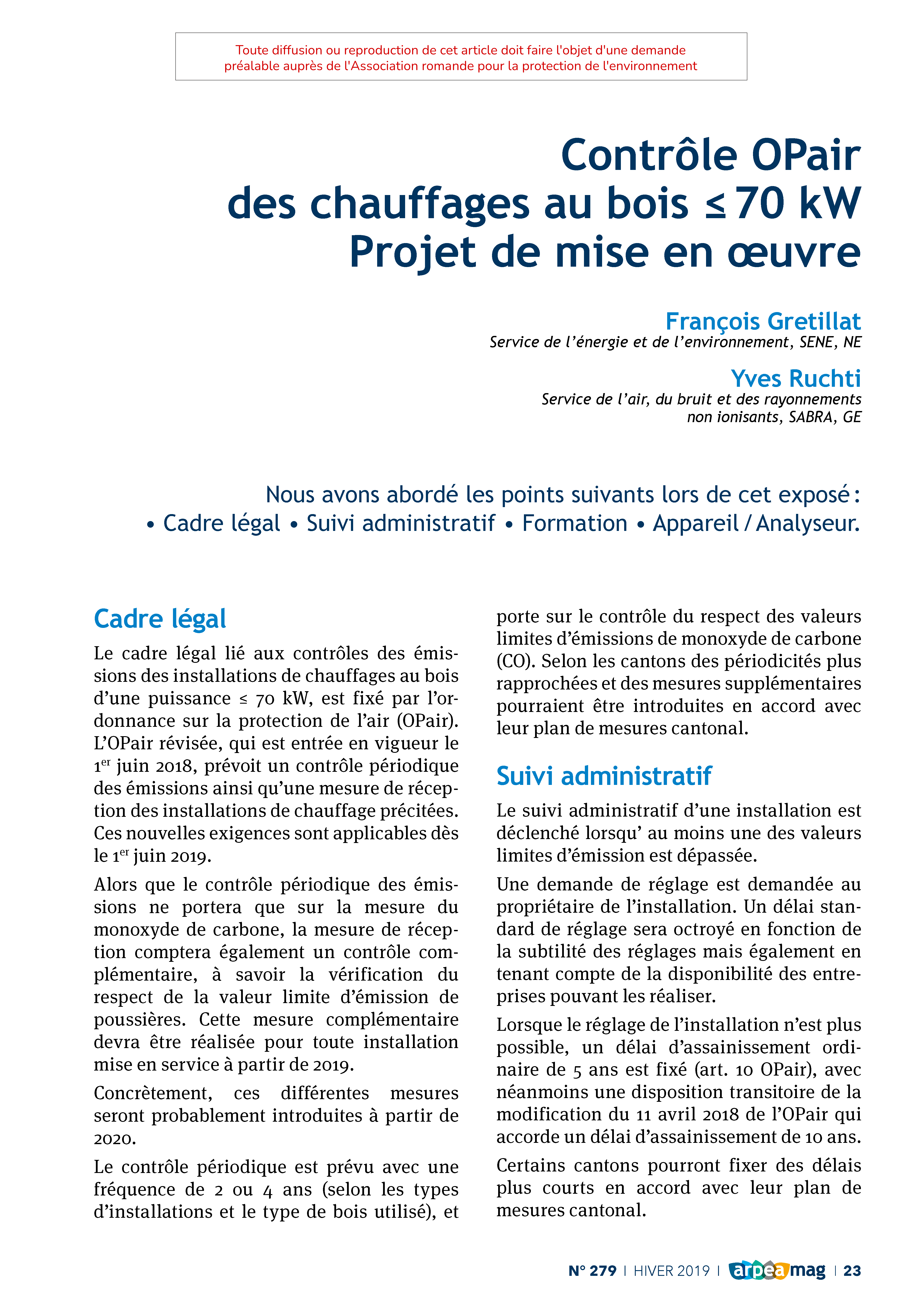Contrôle OPair des chauffages au bois < 70 kW Projet de mise en oeuvre