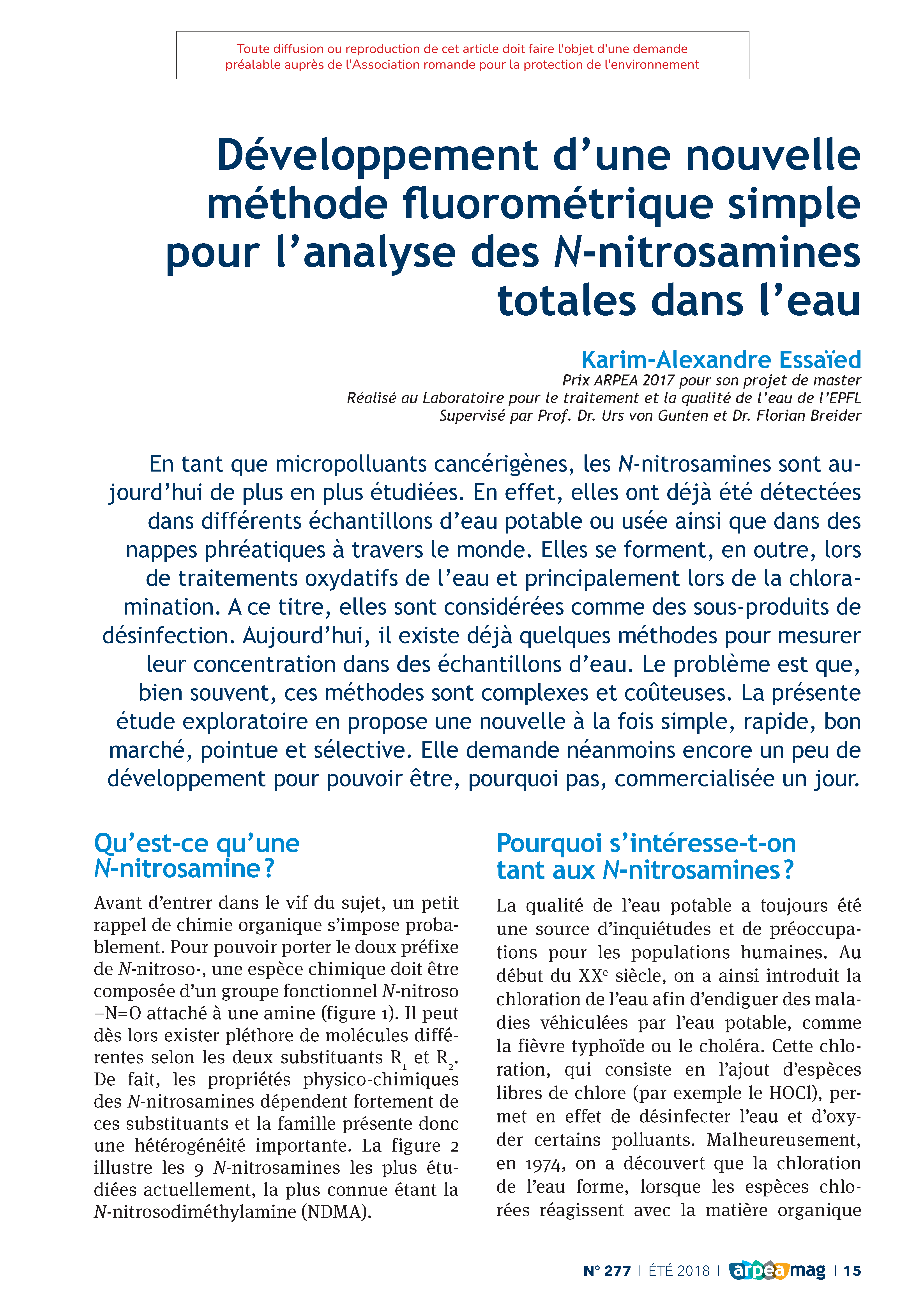 Développement d’une nouvelle méthode fluorométrique simple pour l’analyse des N-nitrosamines totales dans l’eau