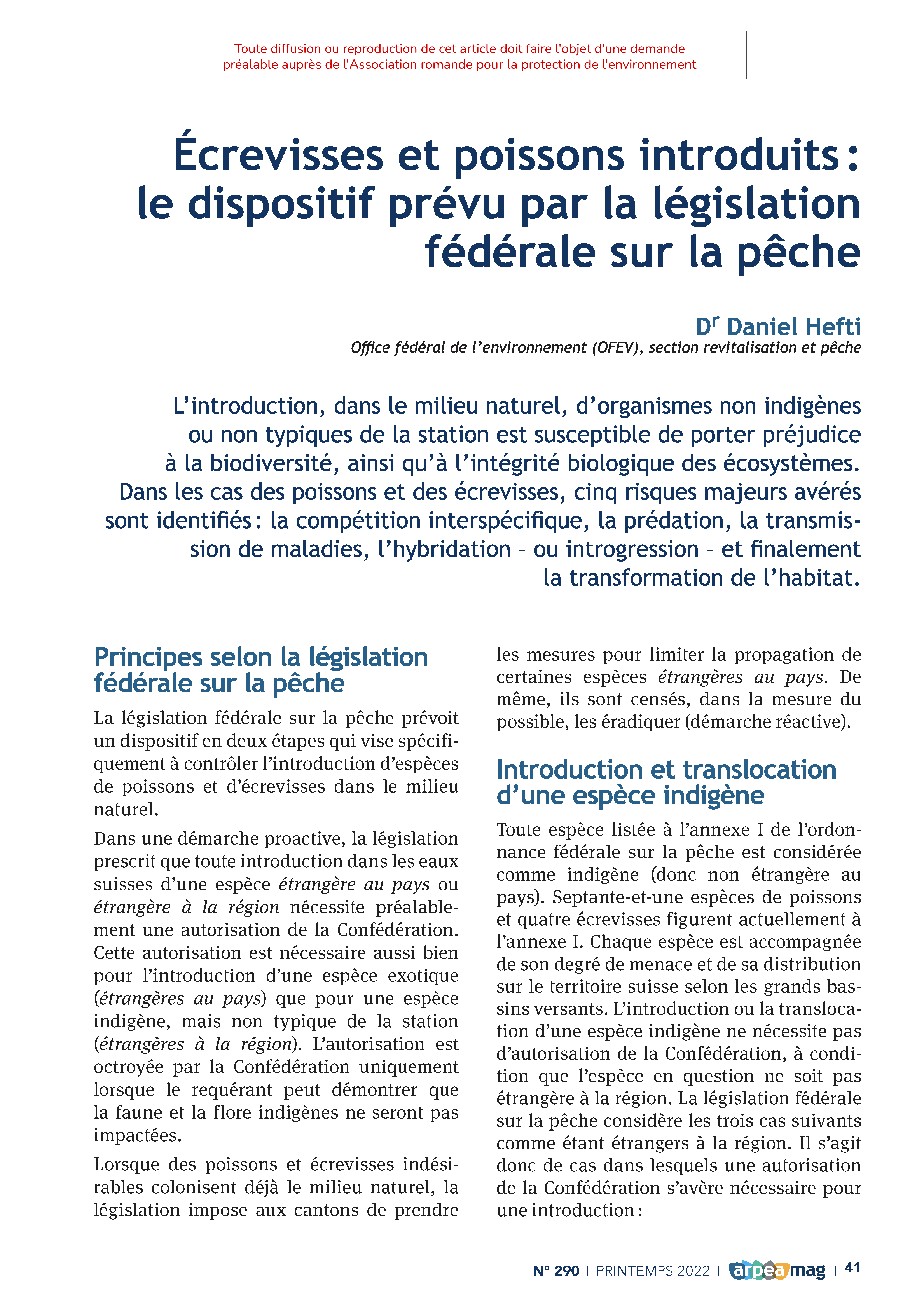 Écrevisses et poissons introduits – le dispositif prévu par la législation fédérale sur la pêche