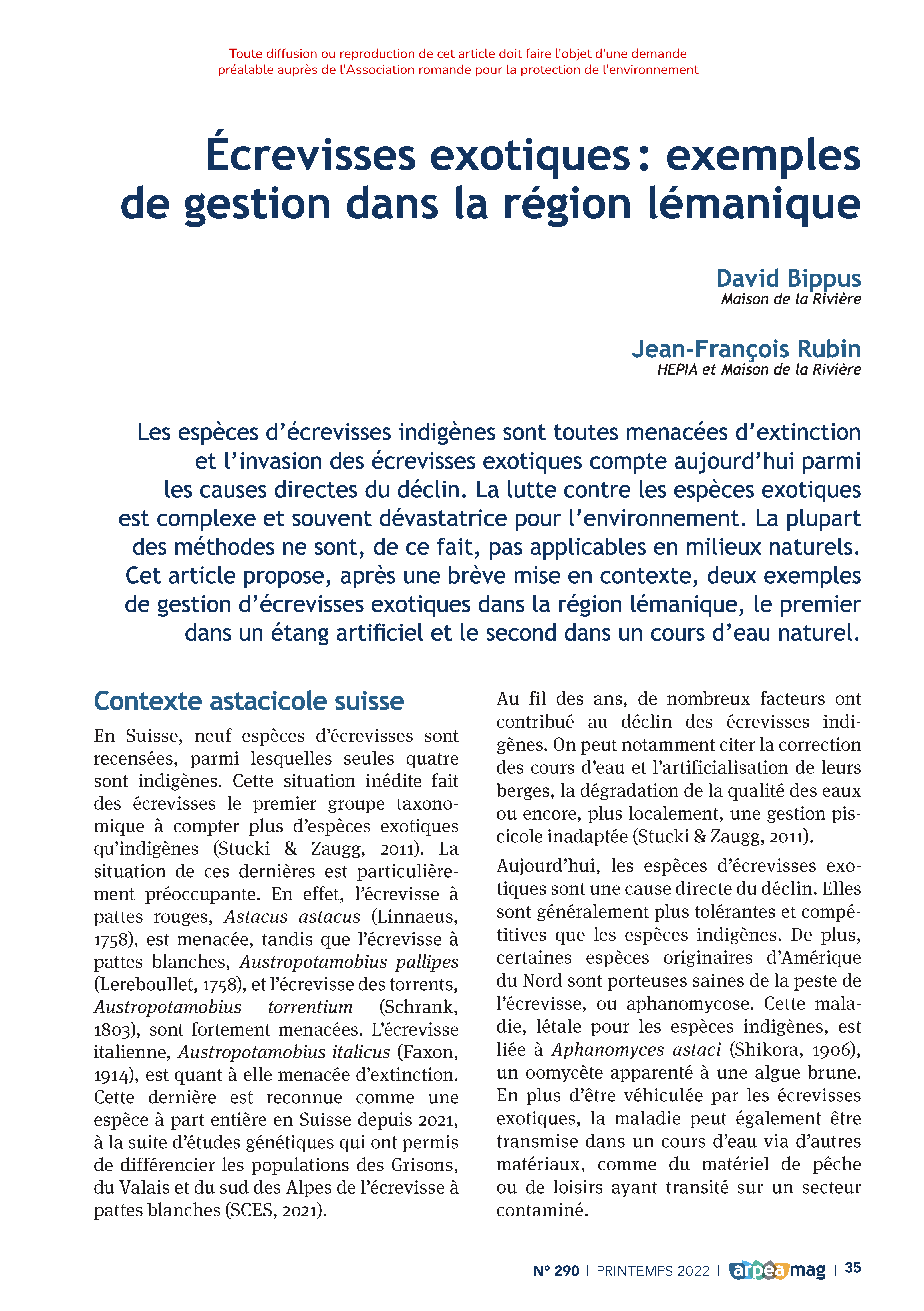 Écrevisses exotiques : exemples de gestion dans la région lémanique