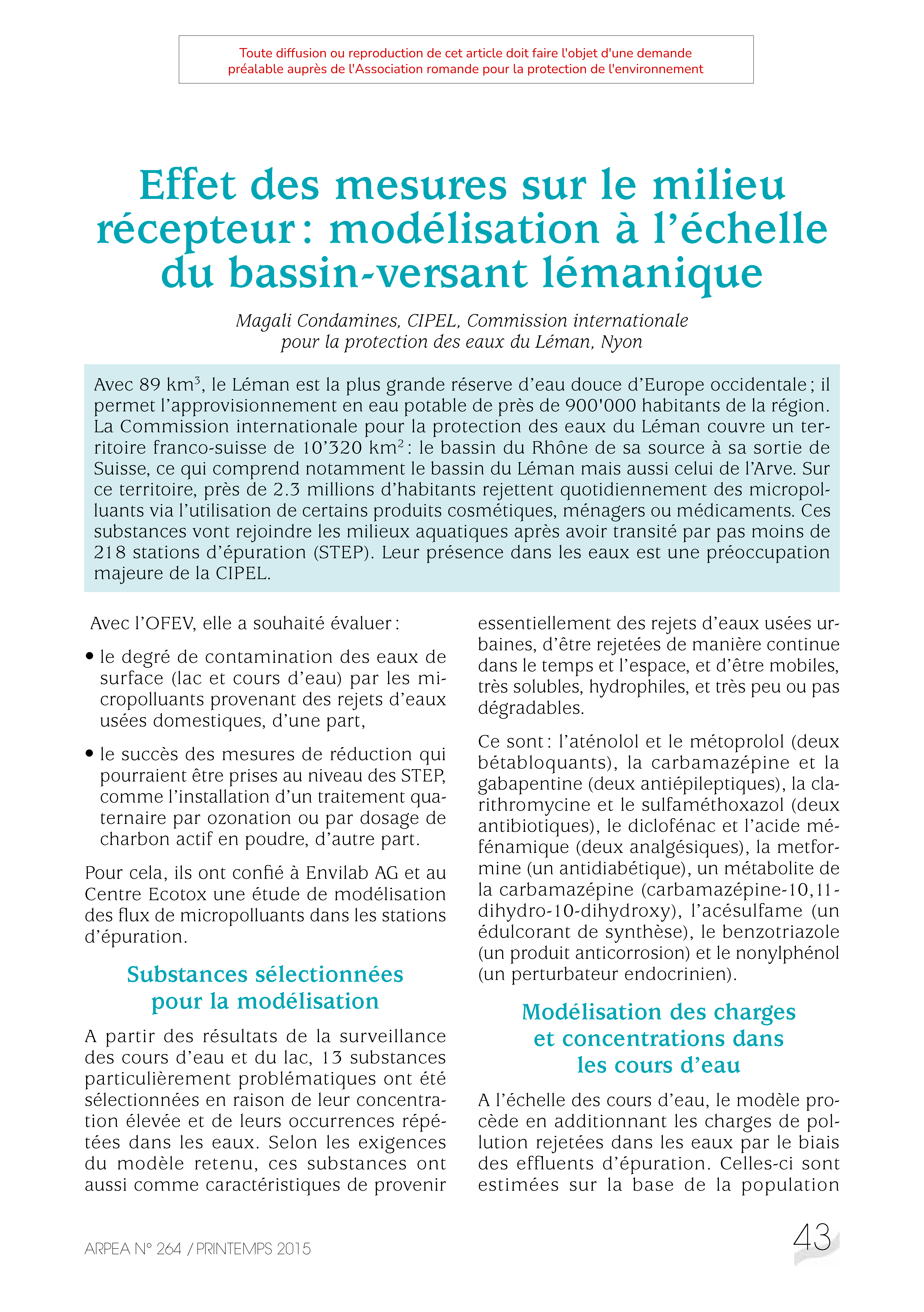 Effet des mesures sur le milieu récepteur : modélisation à l’échelle du bassin – versant lémanique