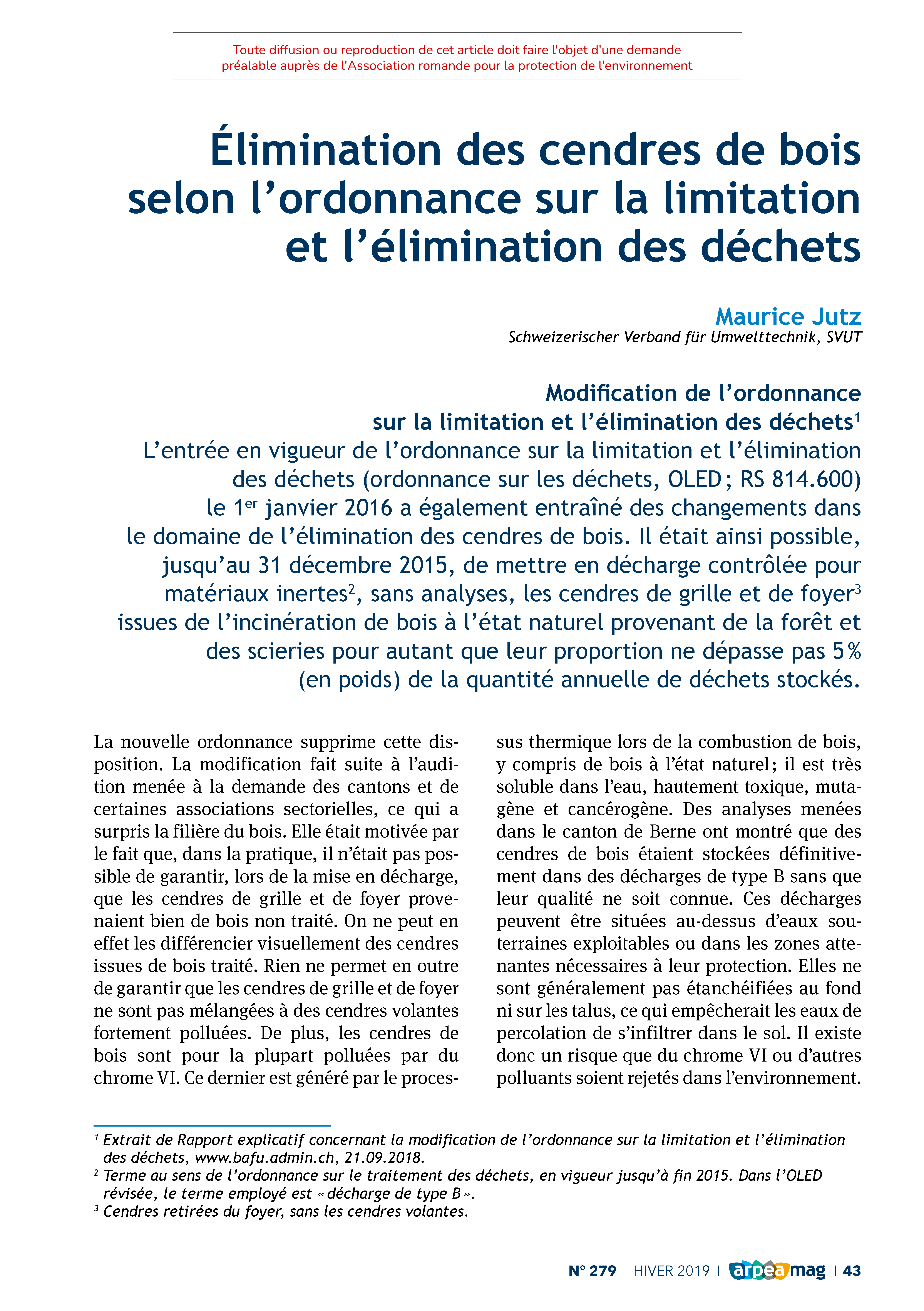 Élimination des cendres de bois selon l’ordonnance sur la limitation et l’élimination des déchets