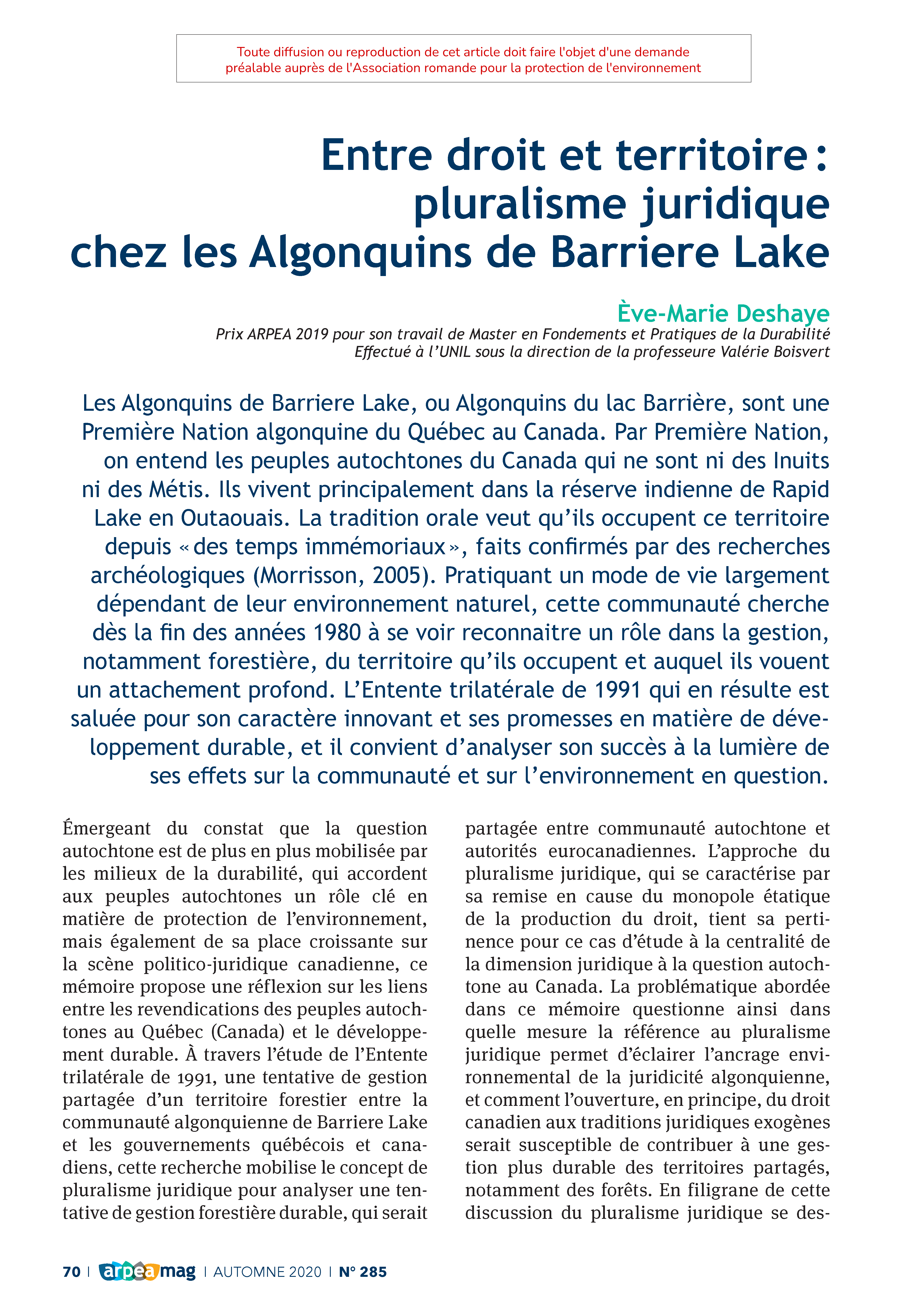Entre droit et territoire : pluralisme juridique chez les Algonquins de Barriere Lake