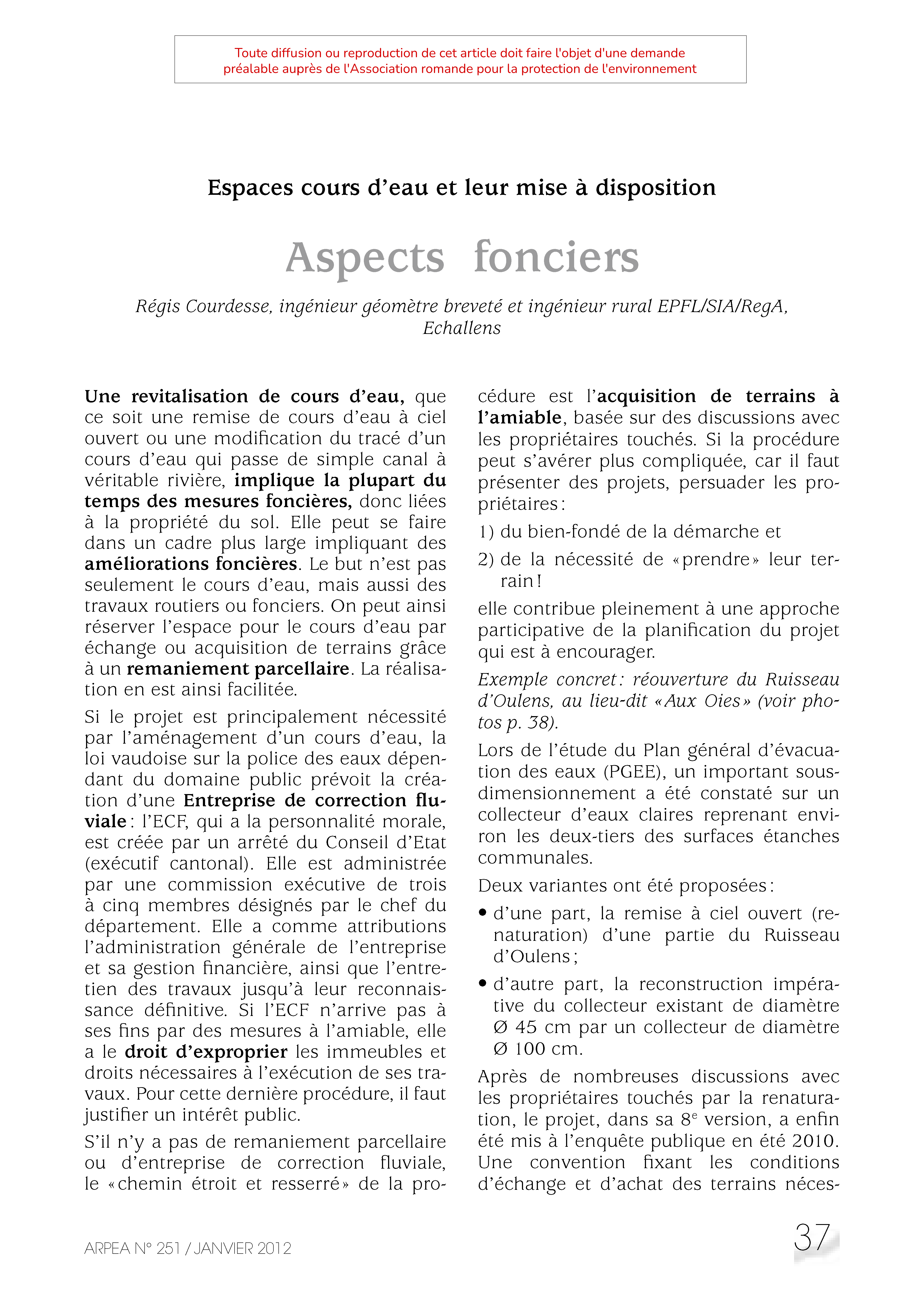 Espaces cours d’eau et leur mise à disposition Aspects fonciers