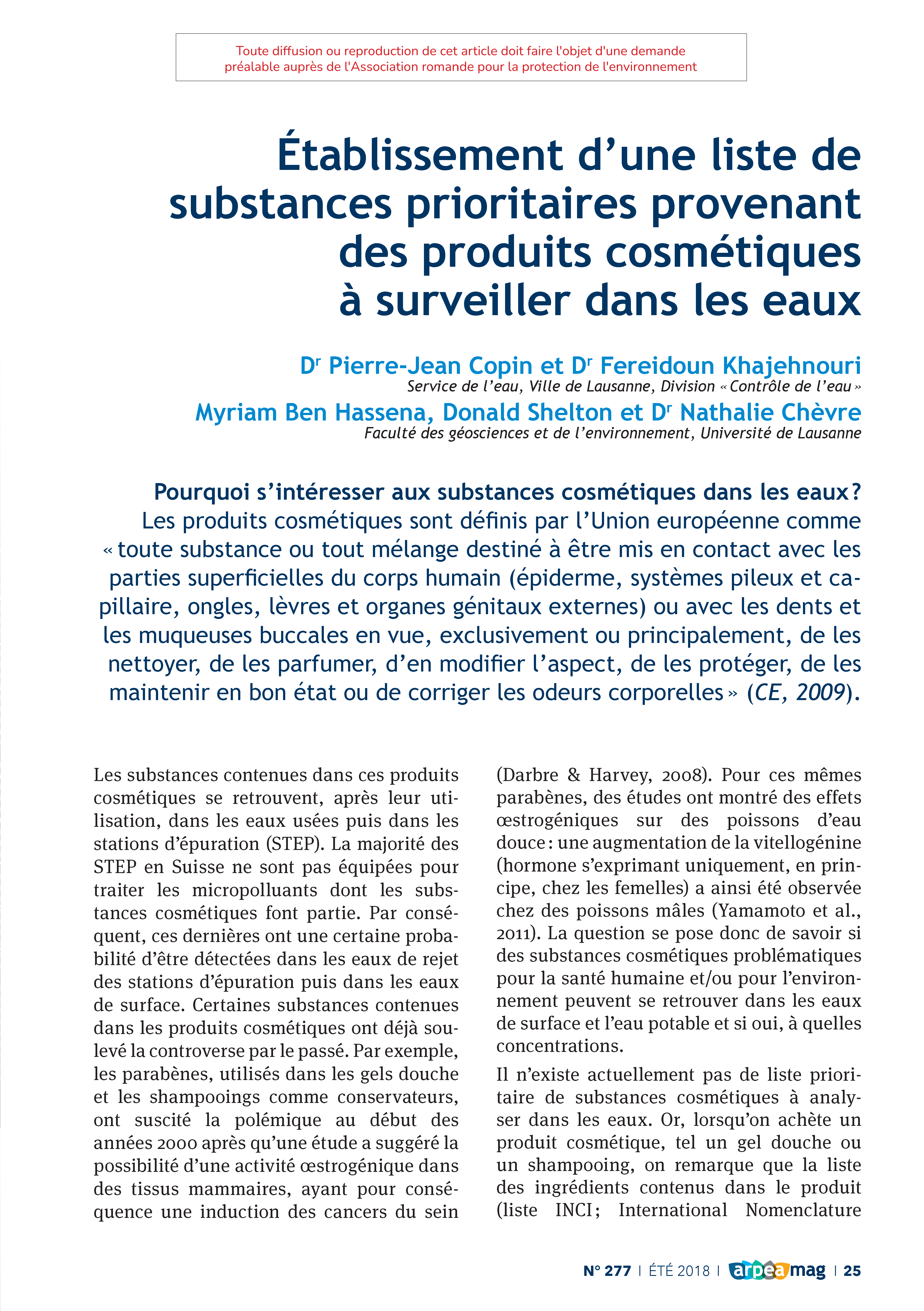 Établissement d’une liste de substances prioritaires provenant des produits cosmétiques à surveiller dans les eaux