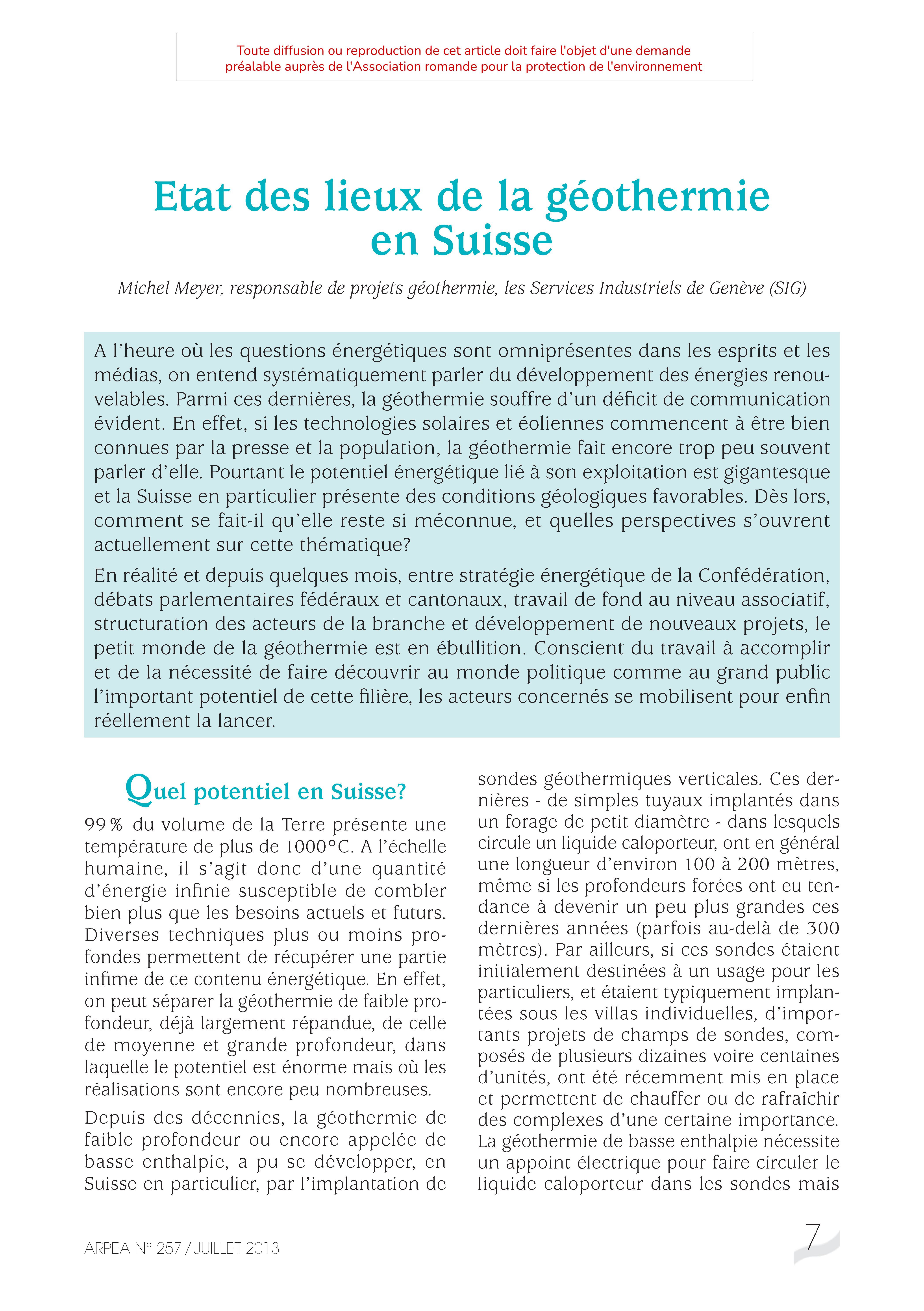 État des lieux de la géothermie en Suisse