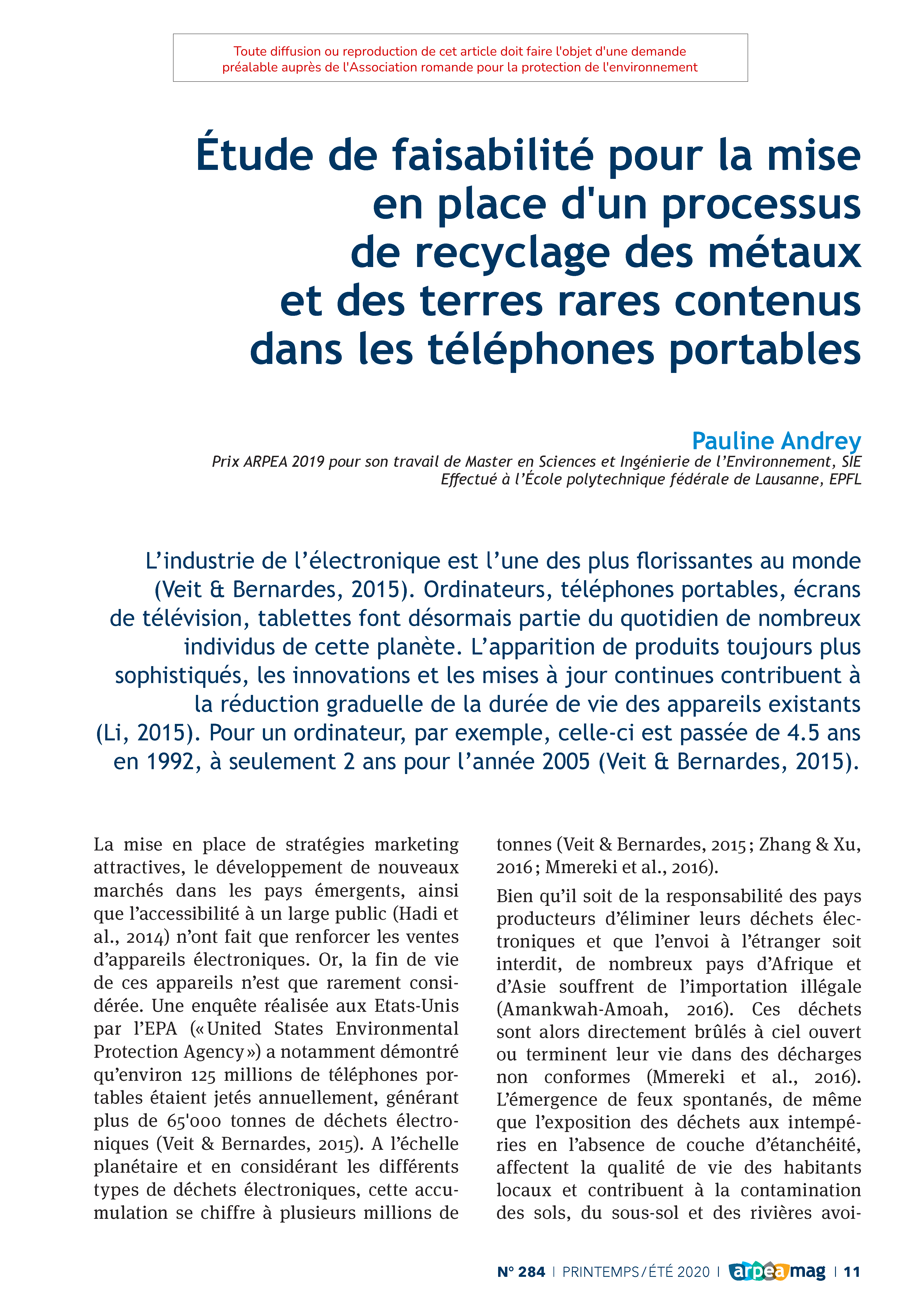 Étude de faisabilité pour la mise en place d’un processus de recyclage des métaux et des terres rares contenus dans les téléphones portables