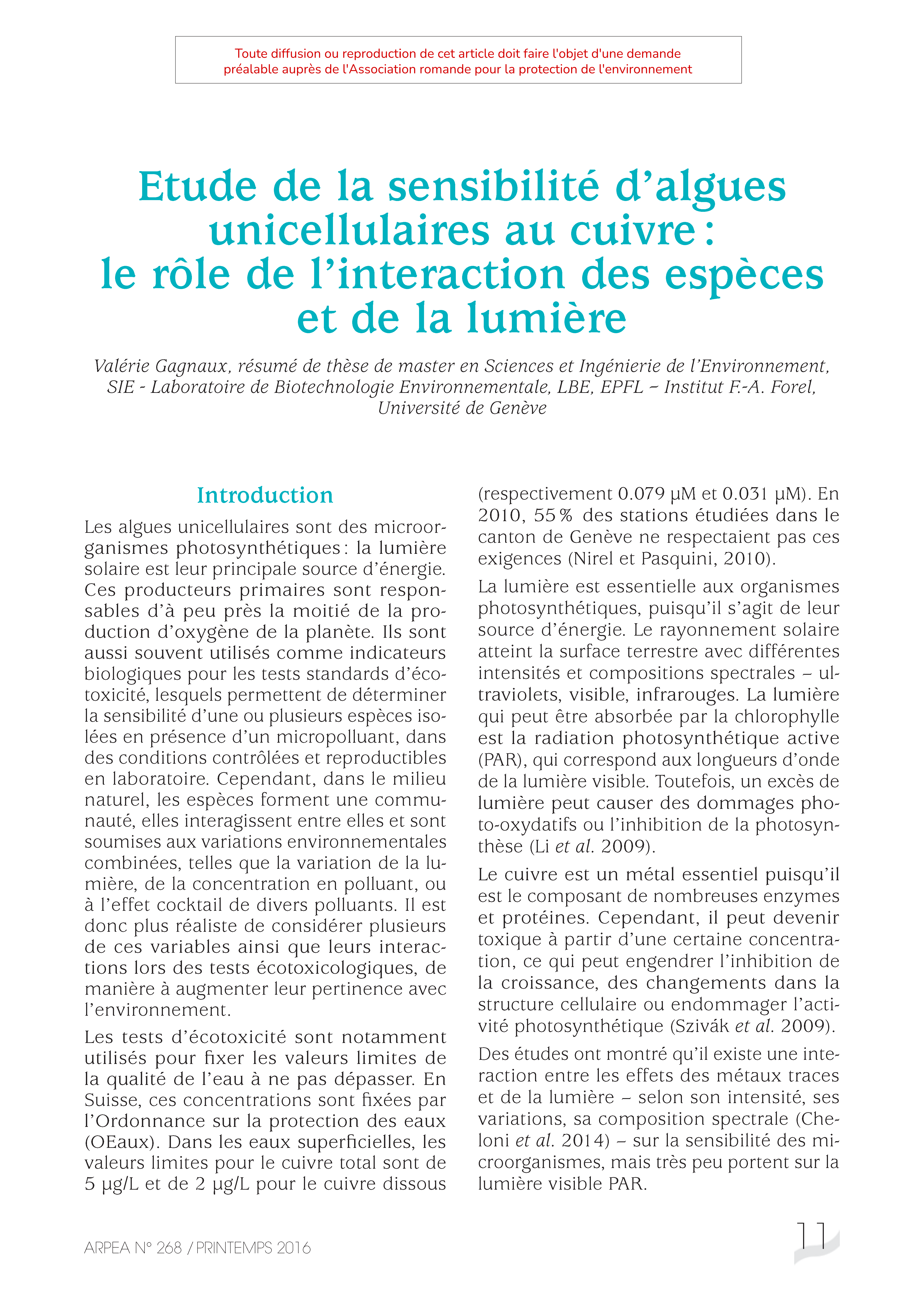 Etude de la sensibilité d’algues unicellulaires au cuivre : le rôle de l’interaction des espèces et de la lumière
