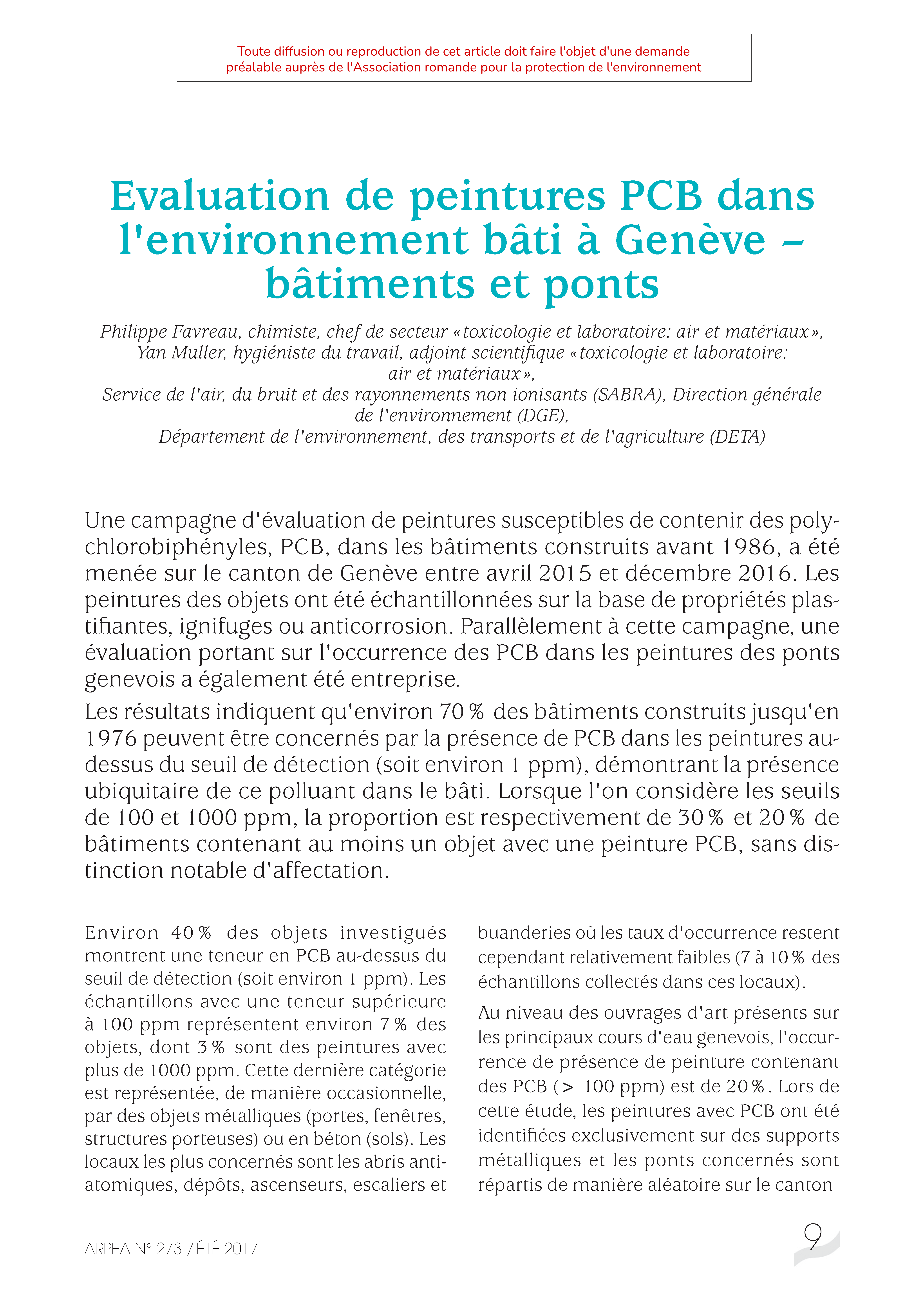 Evaluation de peintures PCB dans l’environnement bâti à Genève – bâtiments et ponts