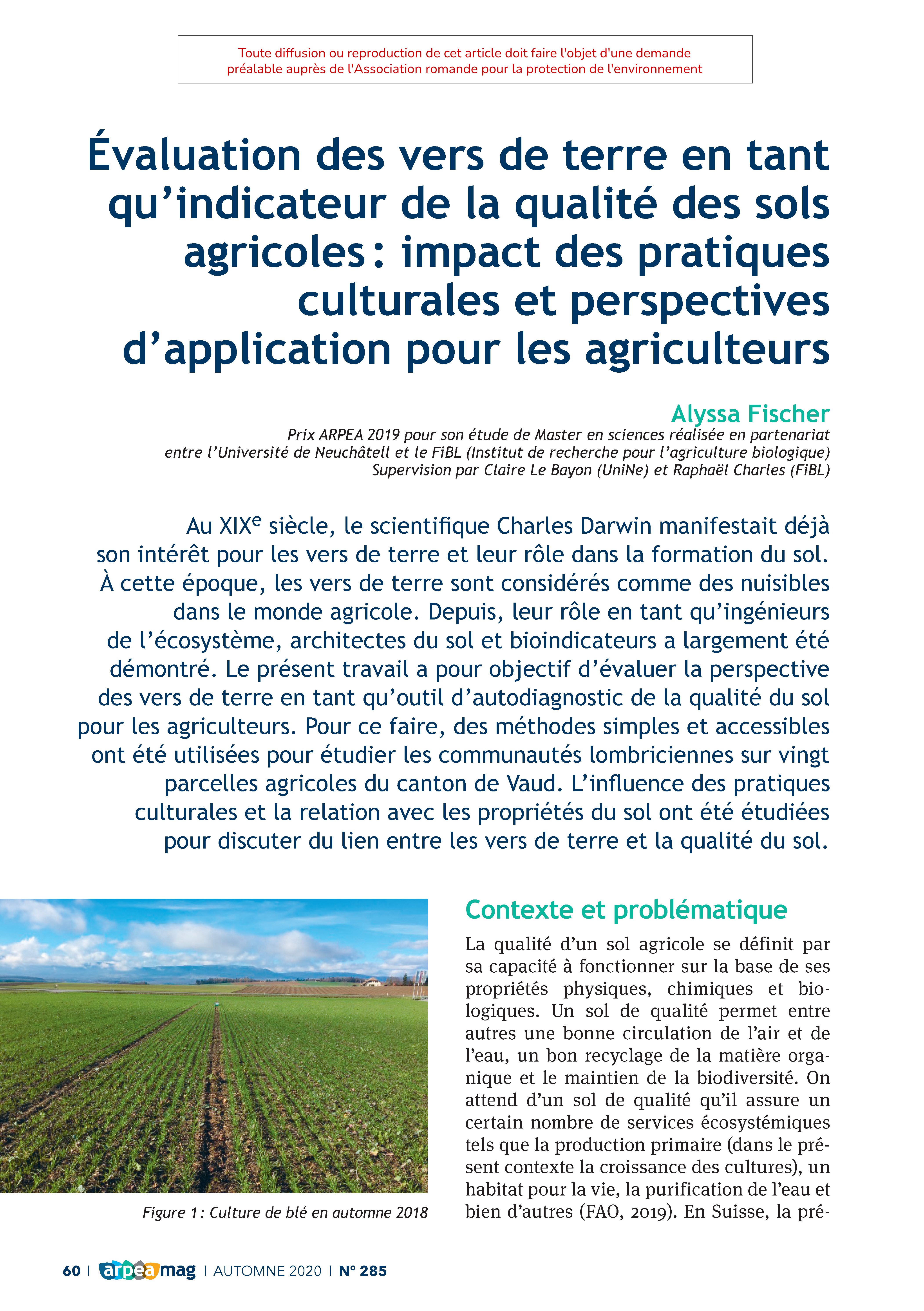 Évaluation des vers de terre en tant qu’indicateur de la qualité des sols agricoles : impact des pratiques culturales et perspectives d’application pour les agriculteurs