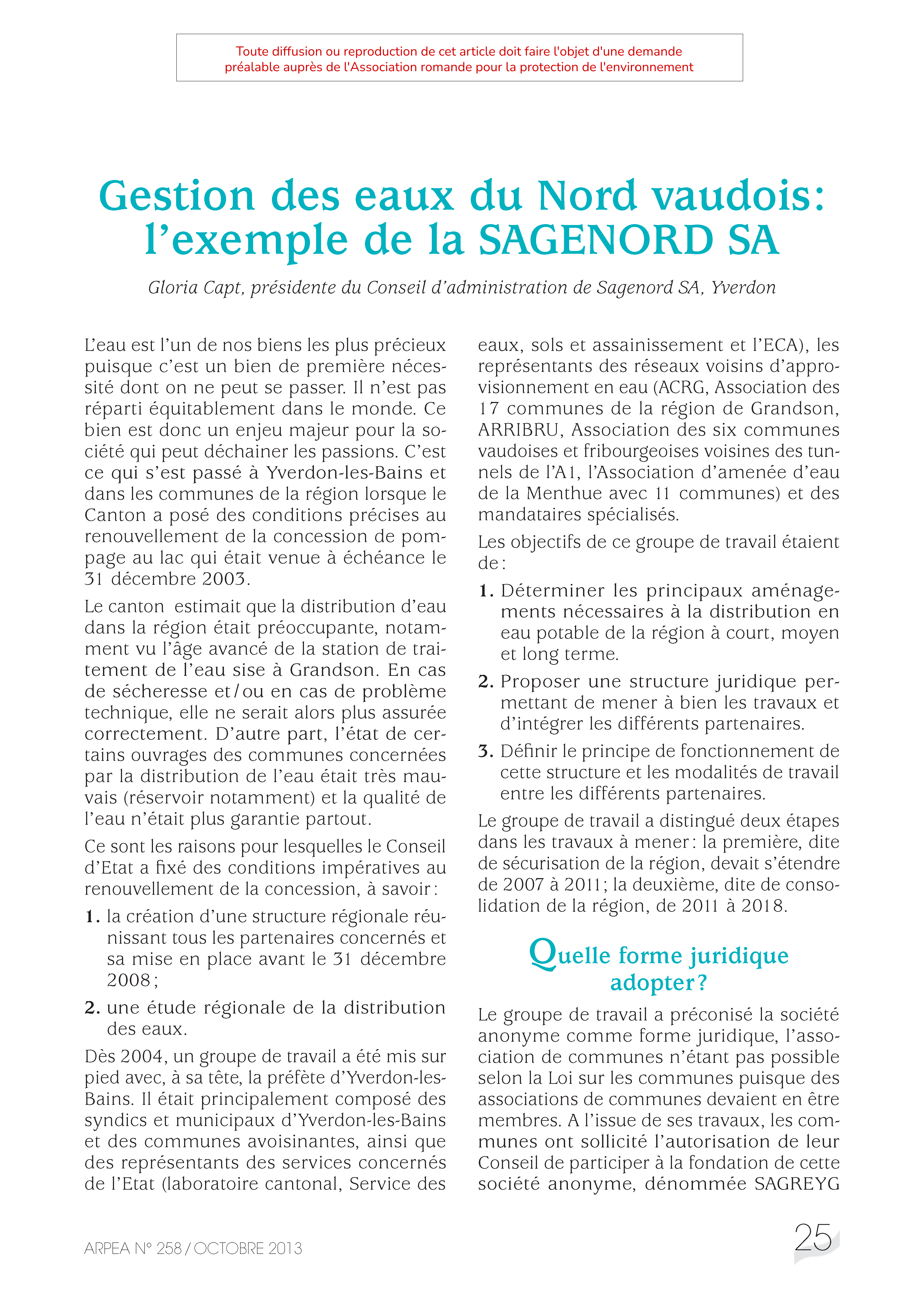 Gestion des eaux du Nord vaudois : l’exemple de la SAGENORD SA