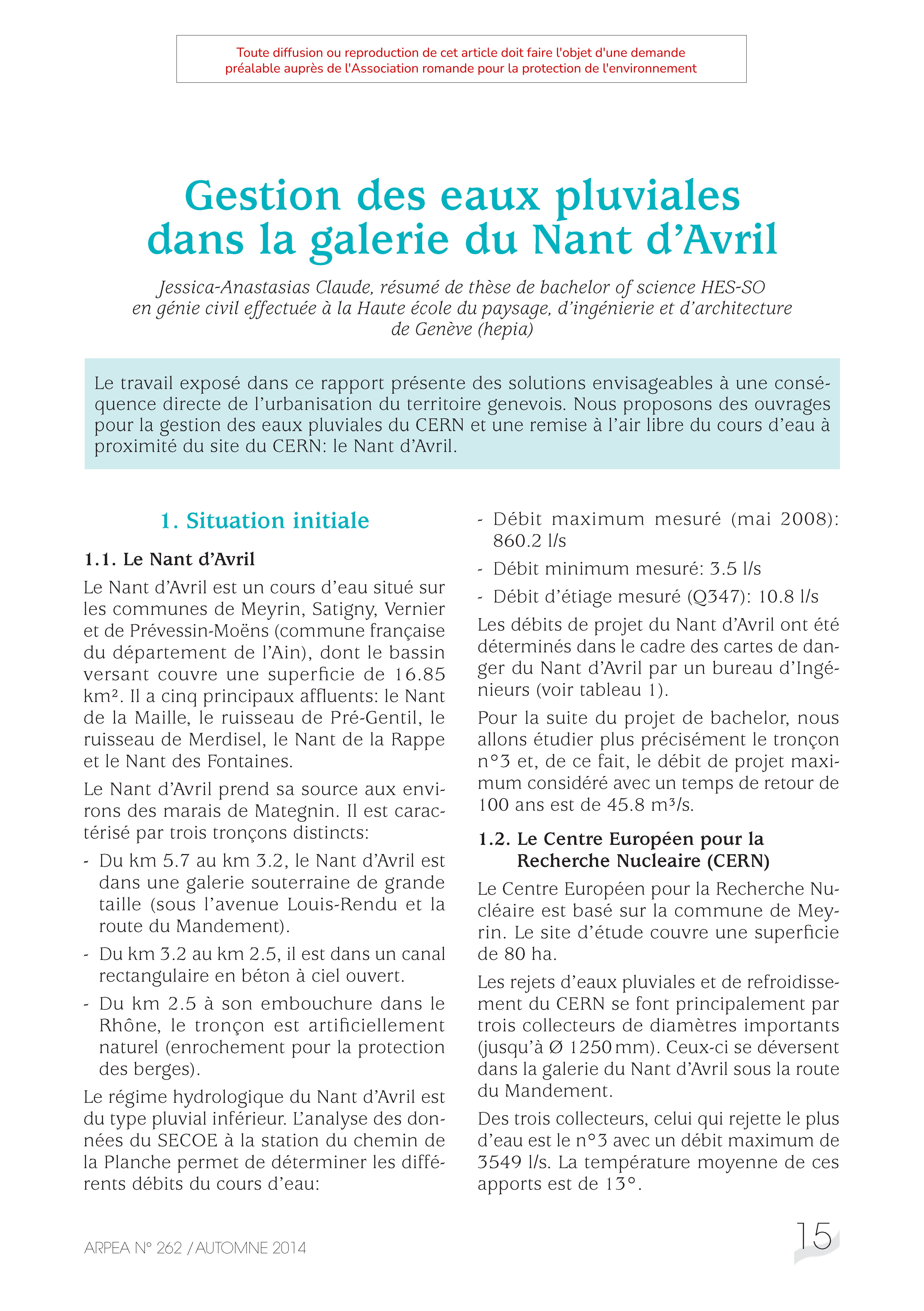 Gestion des eaux pluviales dans la galerie du Nant d’Avril