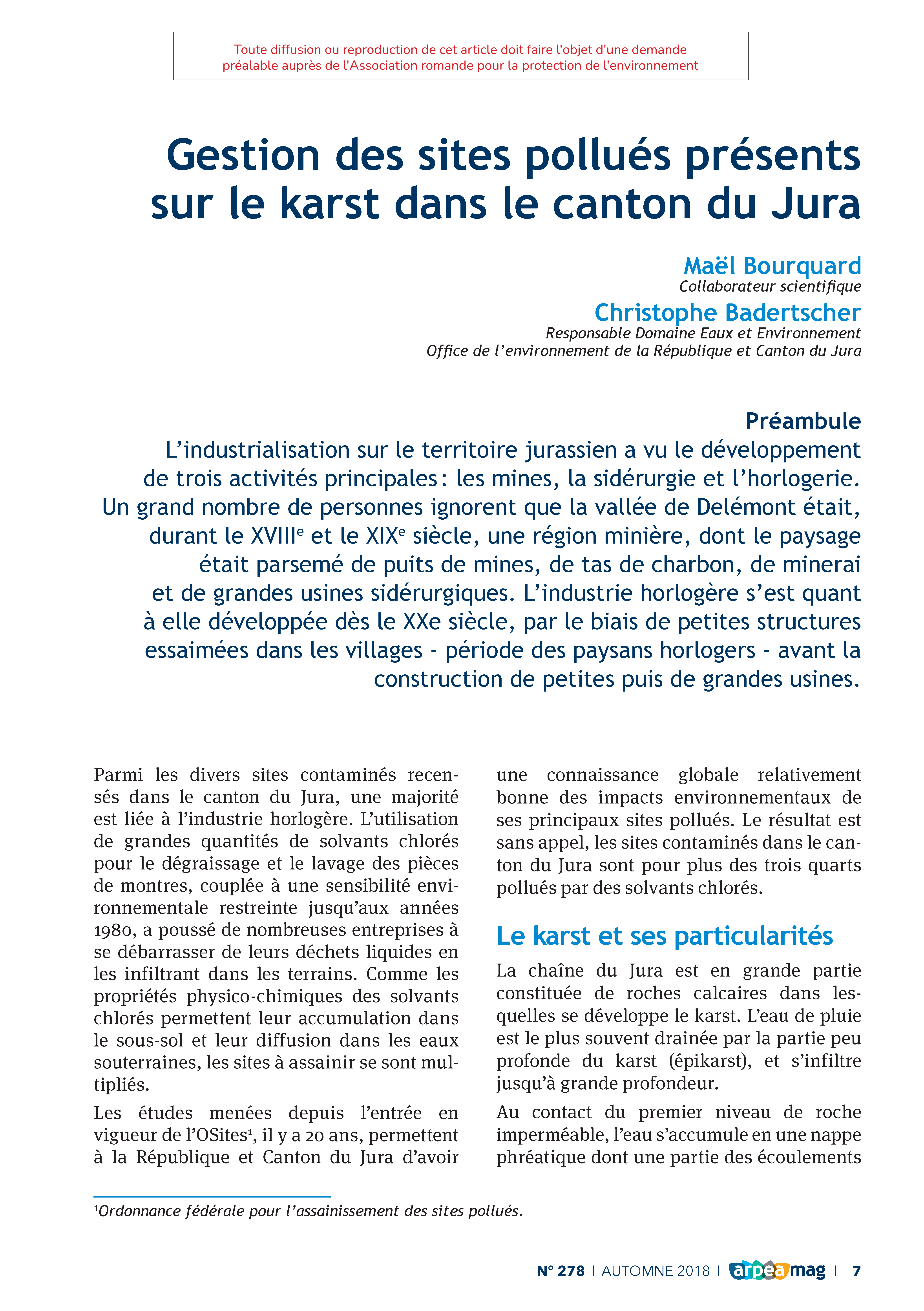 Gestion des sites pollués présents sur le karst dans le canton du Jura