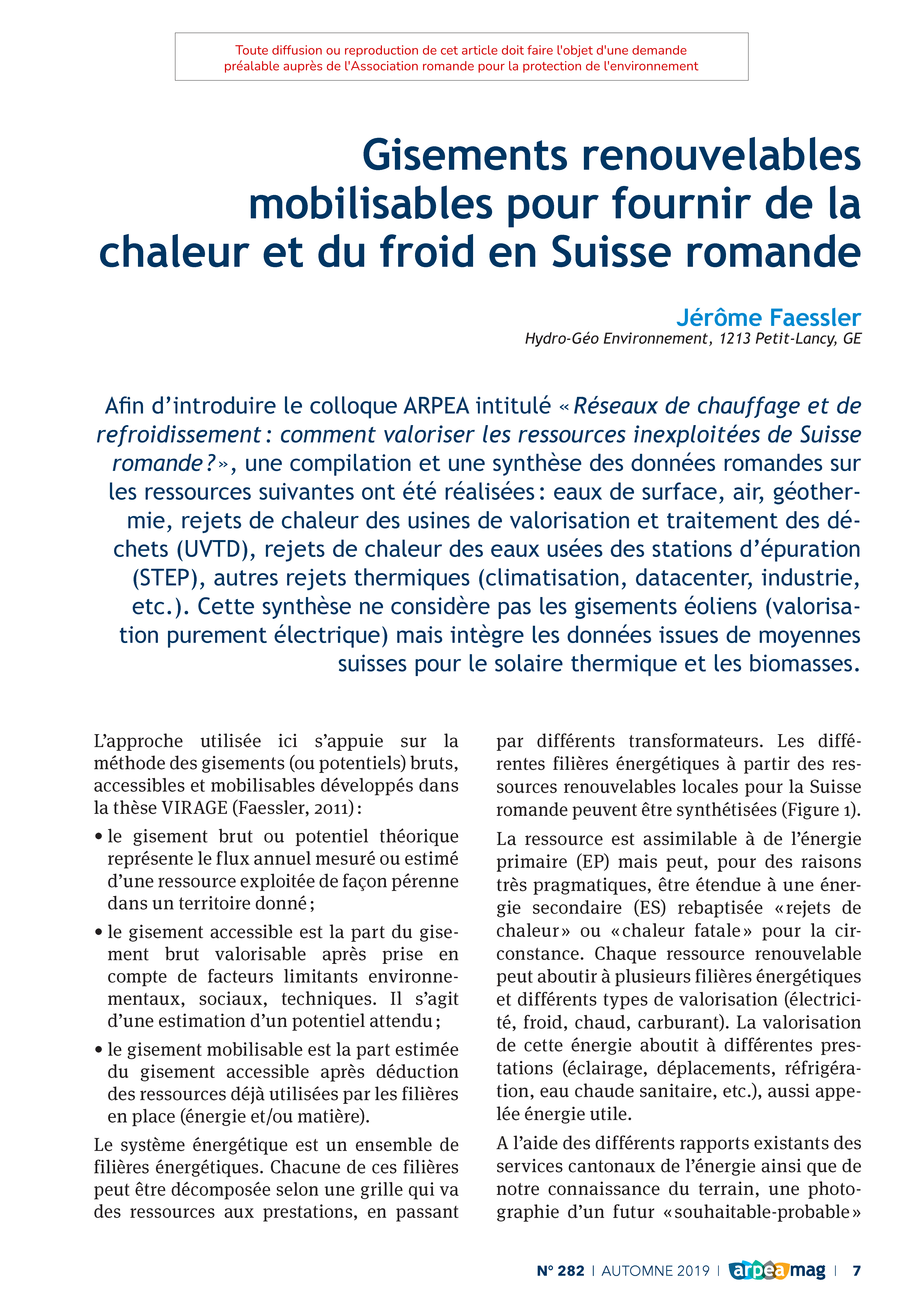 Gisements renouvelables mobilisables pour fournir de la chaleur et du froid en Suisse romande
