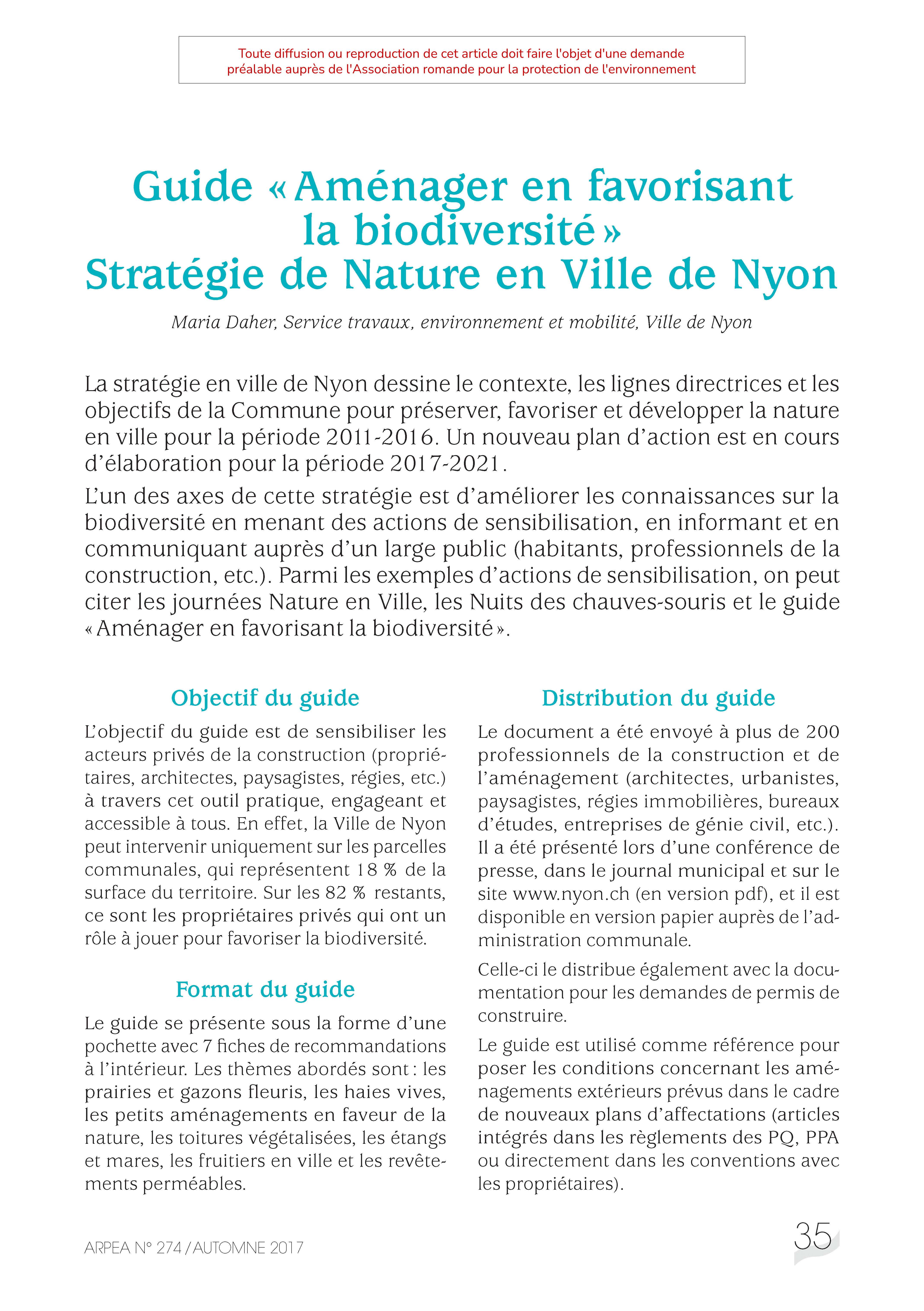 Guide » Aménager en favorisant la biodiversité » Stratégie de Nature en Ville de Nyon