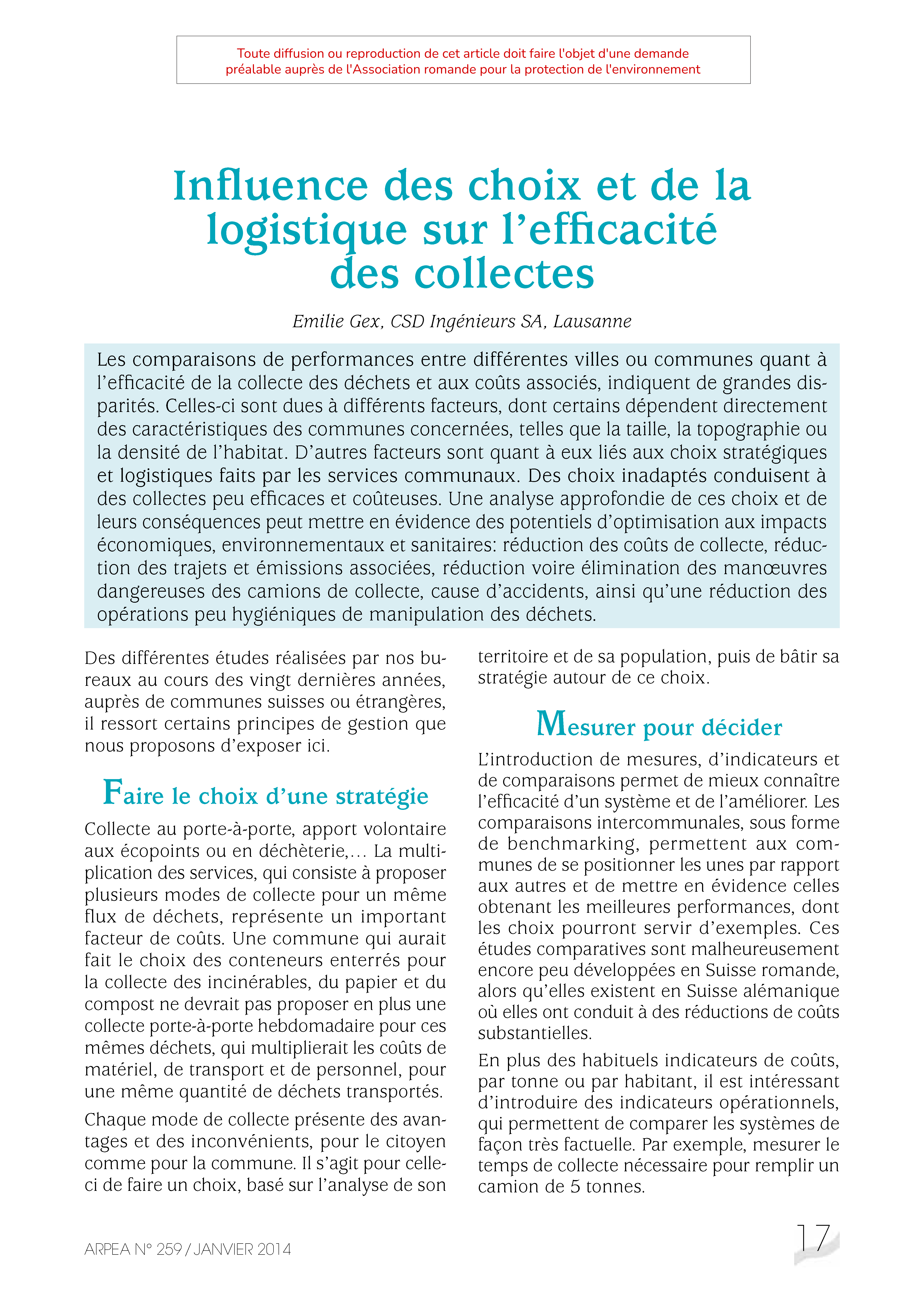 Influence des choix et de la logistique sur l’efficacité des collectes