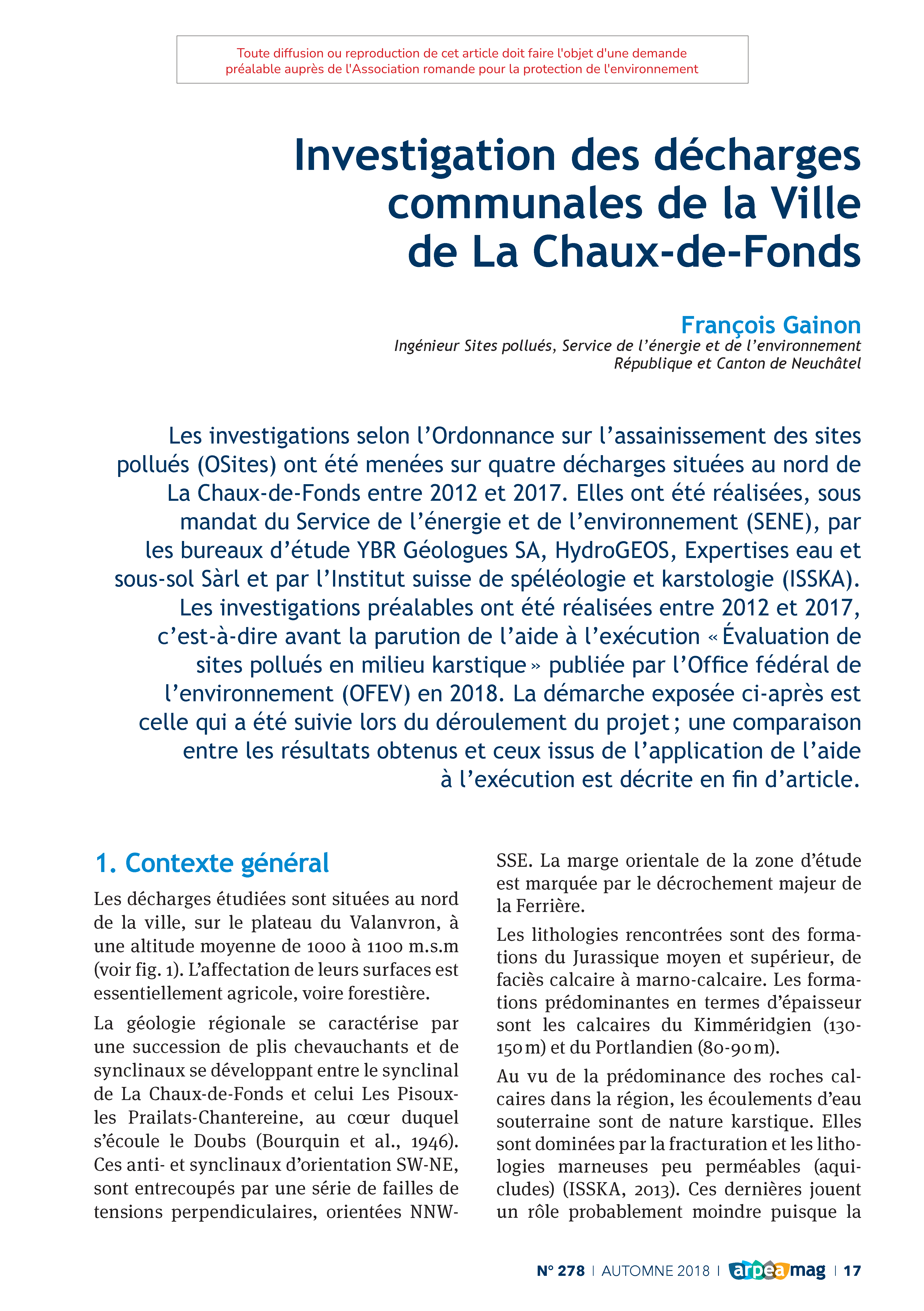 Investigation des décharges communales de la Ville de La Chaux-de-Fonds