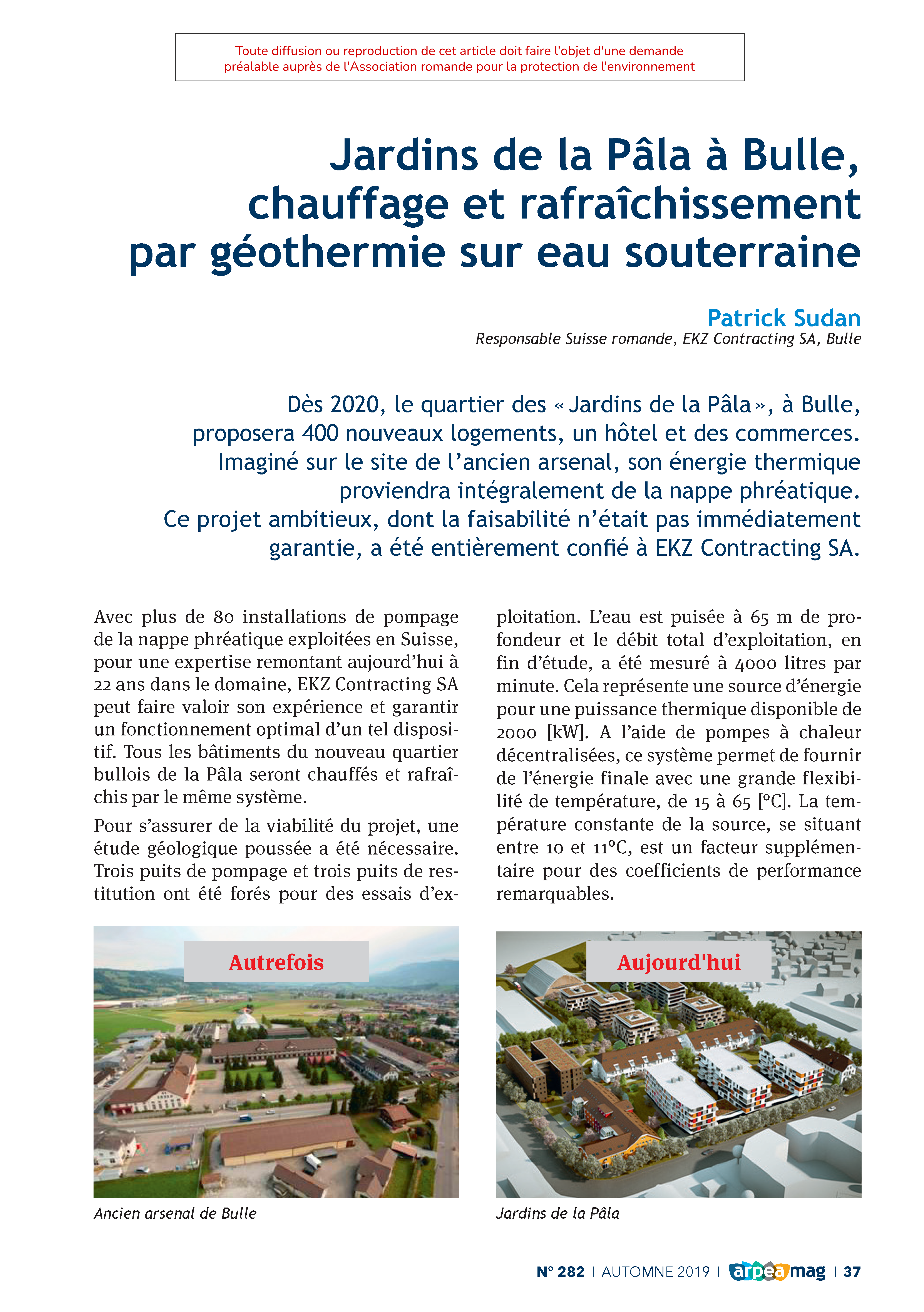 Jardins de la Pâla à Bulle, chauffage et rafraîchissement par géothermie sur eau souterraine