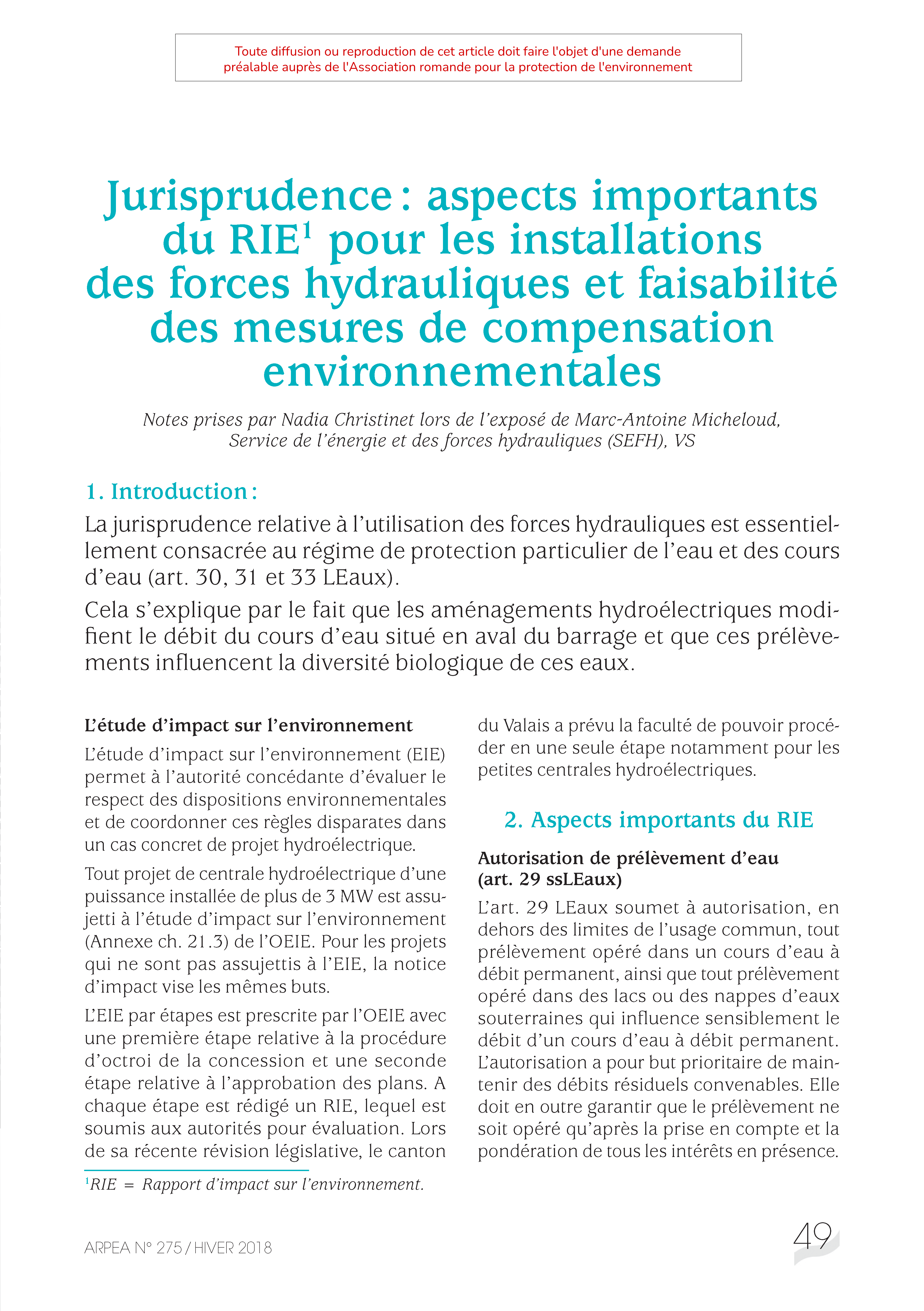 Jurisprudence : aspects importants du RIE pour les installations des forces hydrauliques et faisabilité des mesures de compensation environnementales