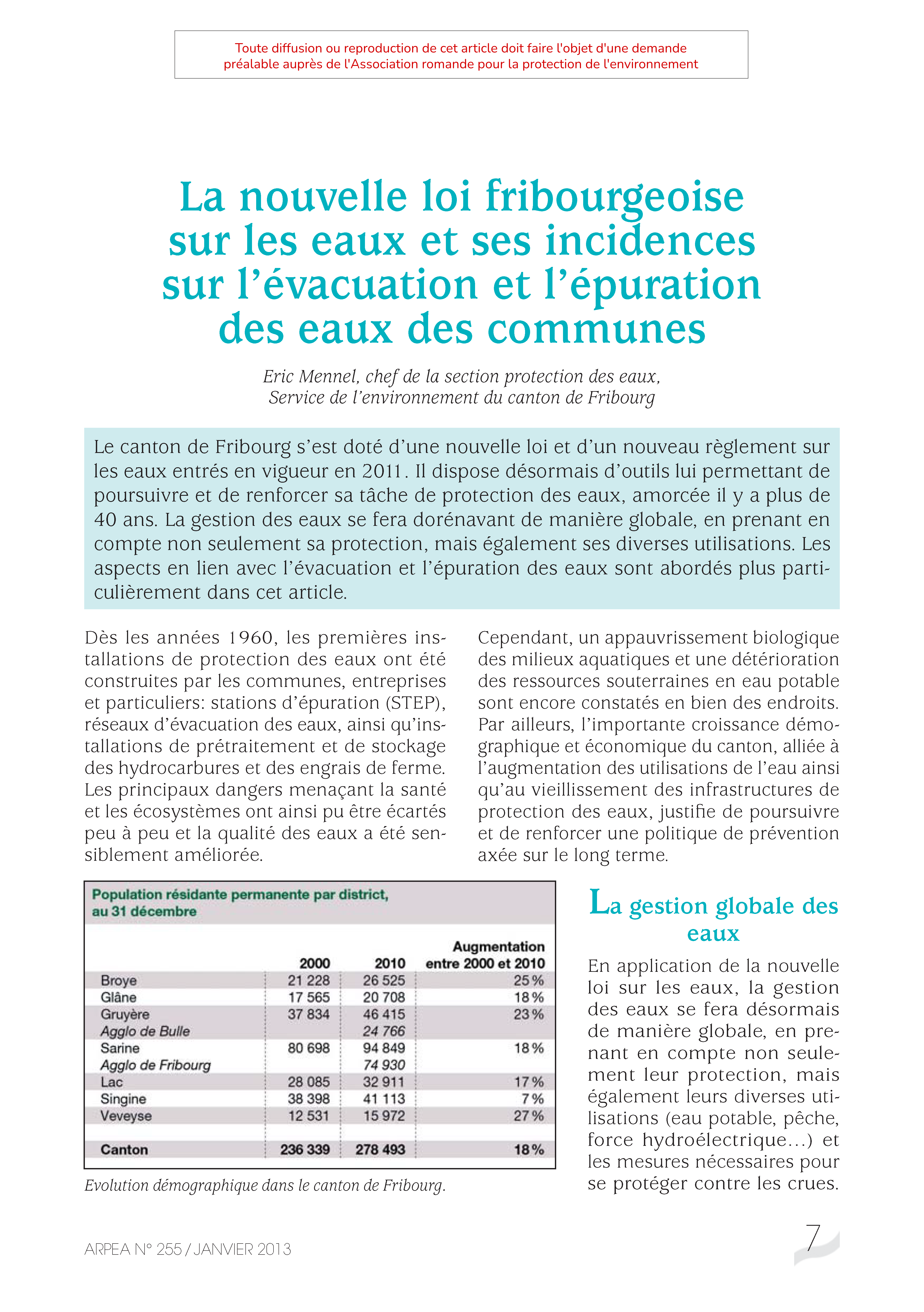 La nouvelle loi fribourgoise sur les eaux et ses incidents sur l’évacuation et l’épuration des eaux des communes