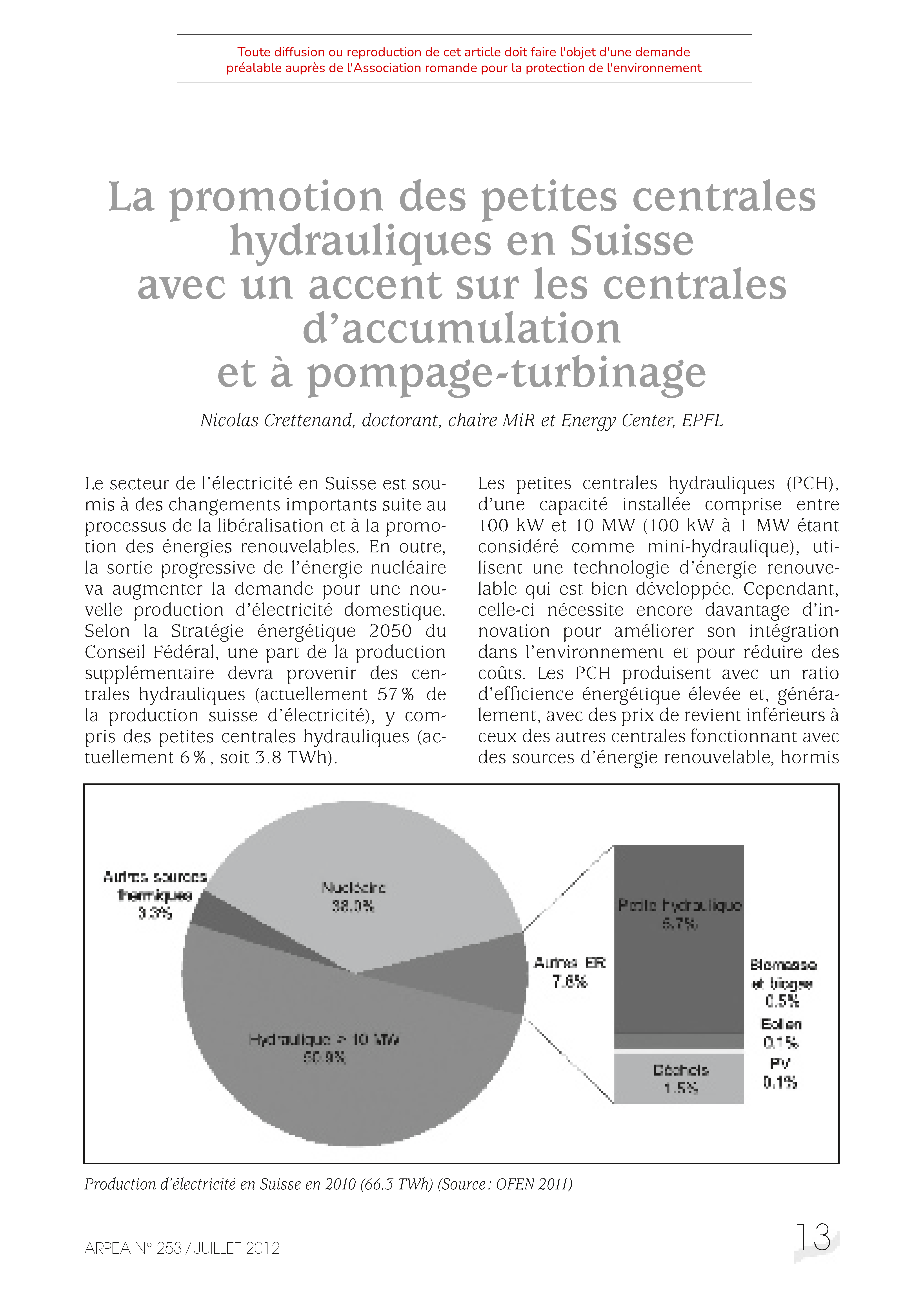 La promotion des petites centrales hydrauliques en Suisse avec un accent sur les centrales d’accumulation et à pompage-turbinage