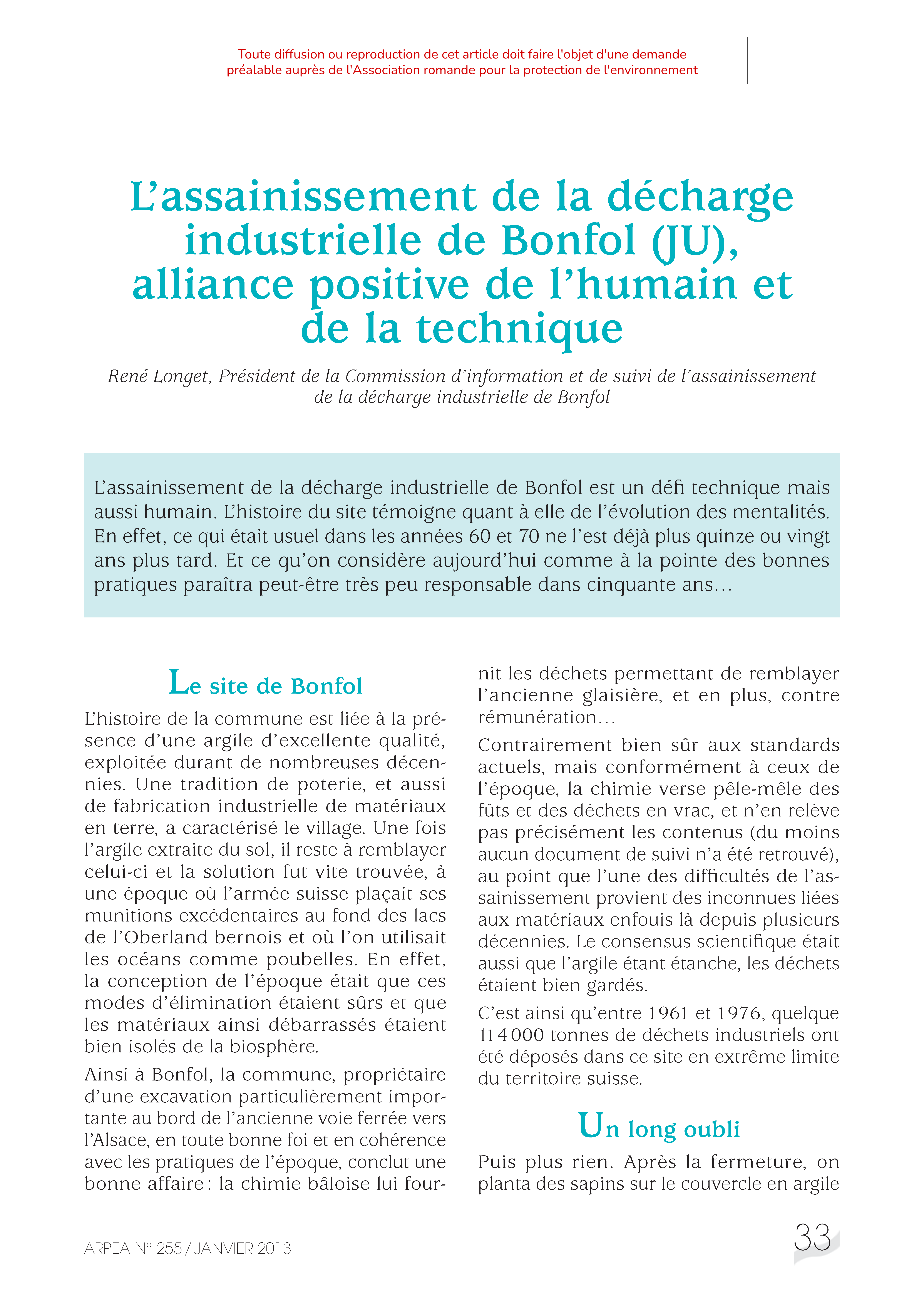 L’assainissement de la décharge industrielle de Bonfol (JU), alliance positive de l’humain et de la technique