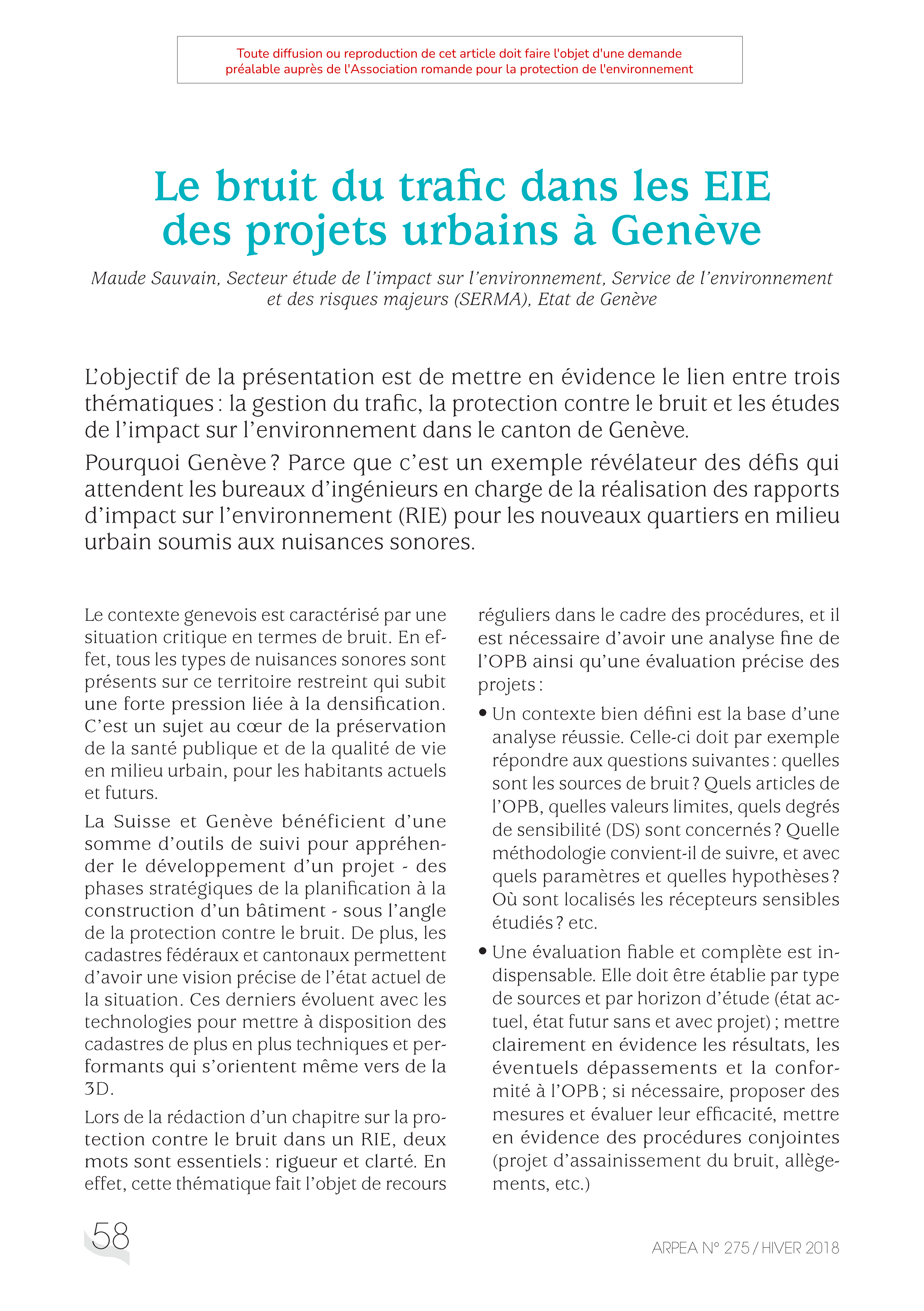 Le bruit du traffic dans les EIE des projets urbains à Genève