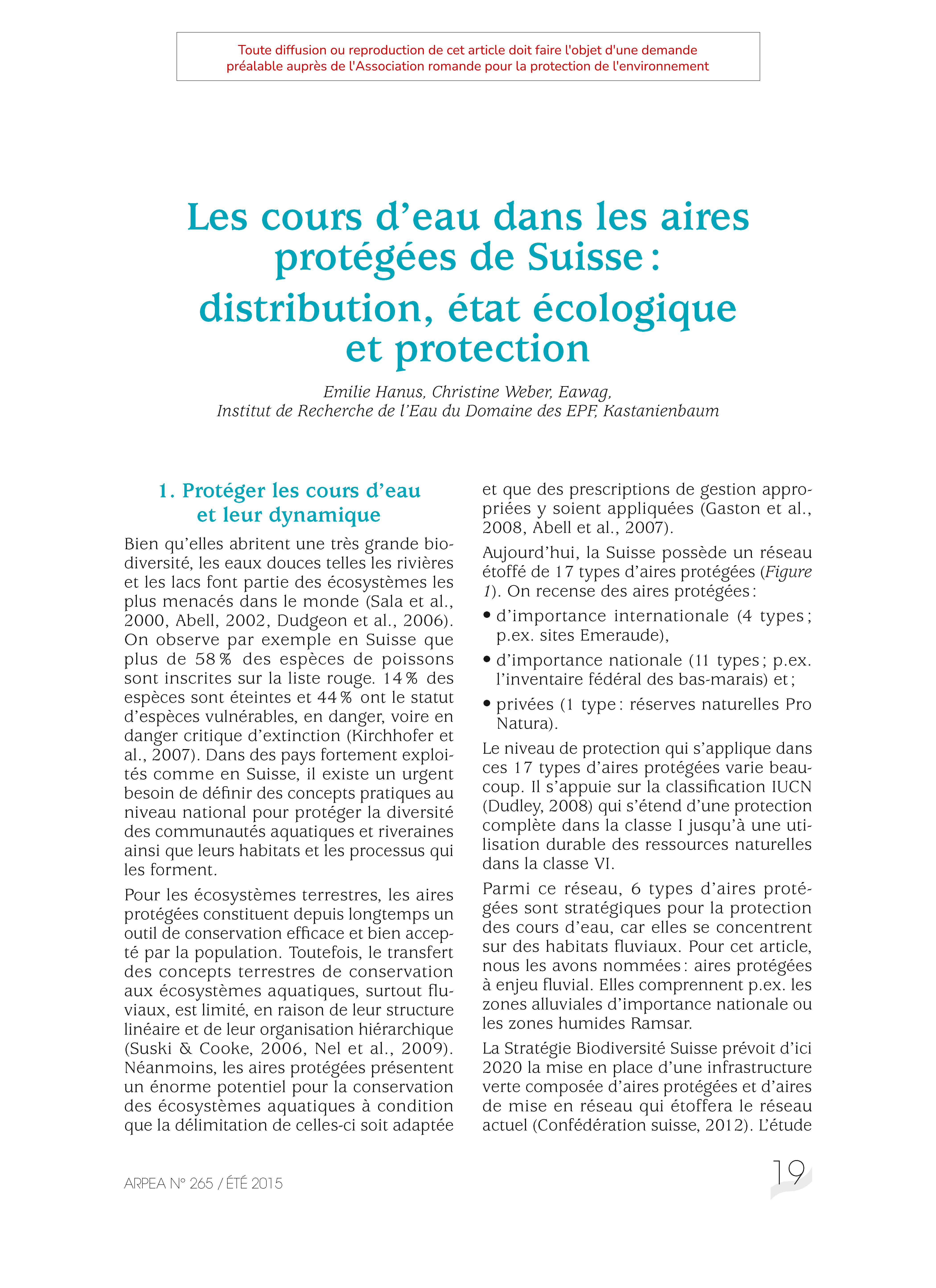 Le cours d’eau dans les aires protégées de Suisse : distribution, état écologique et protection