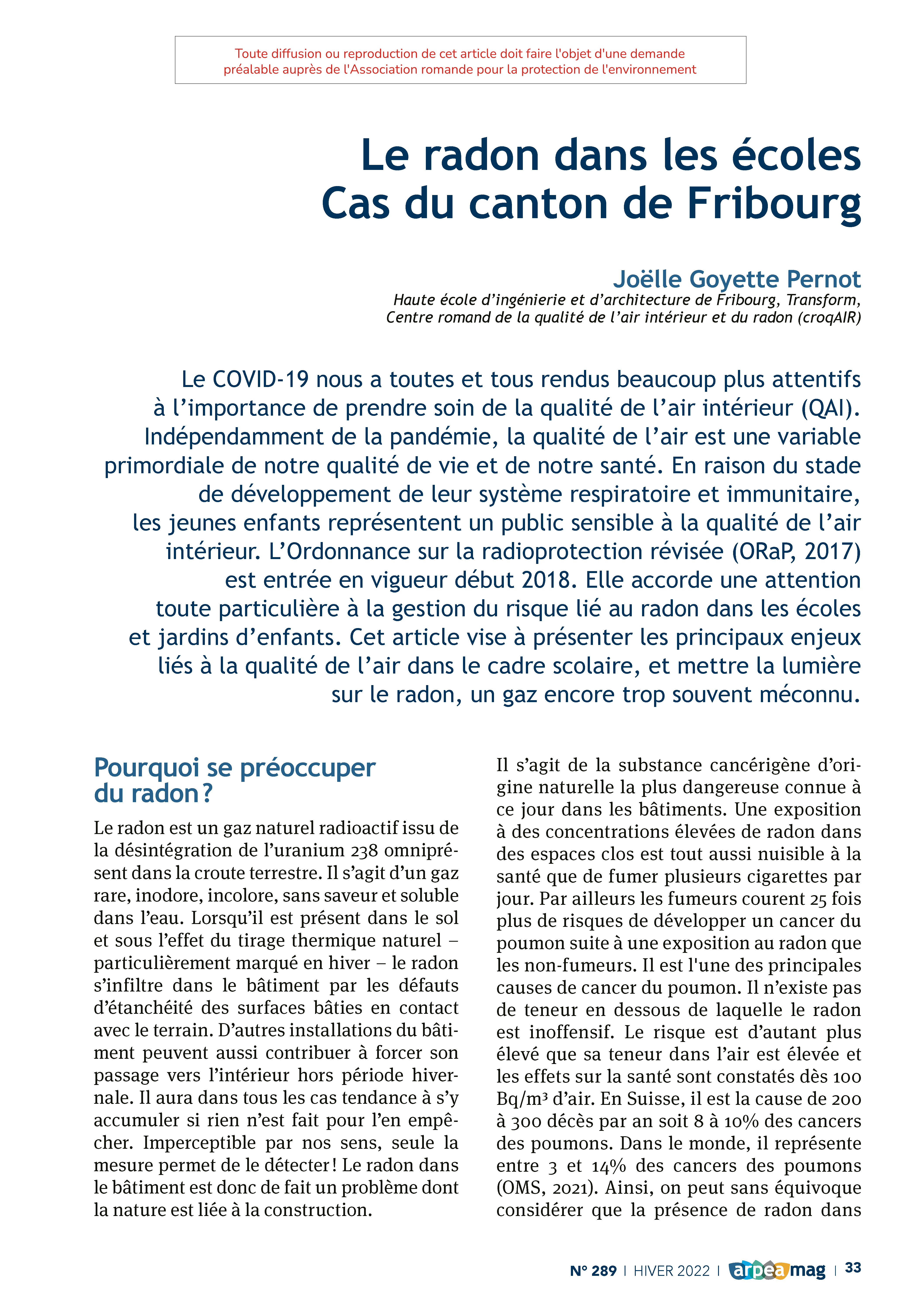 Le radon dans les écoles – Cas du canton de Fribourg