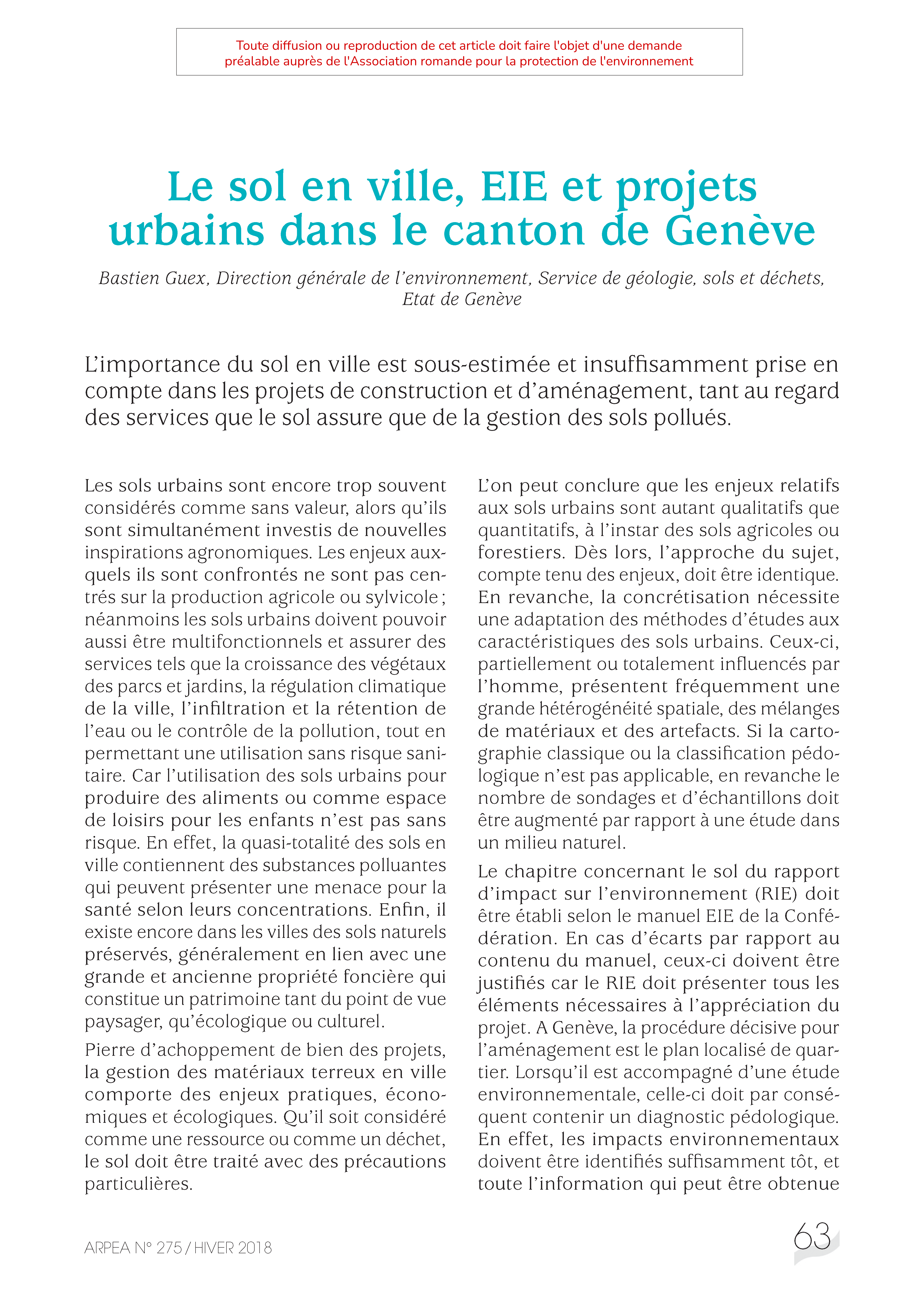 Le sol en ville, EIE et projets urbains dans le canton de Genève