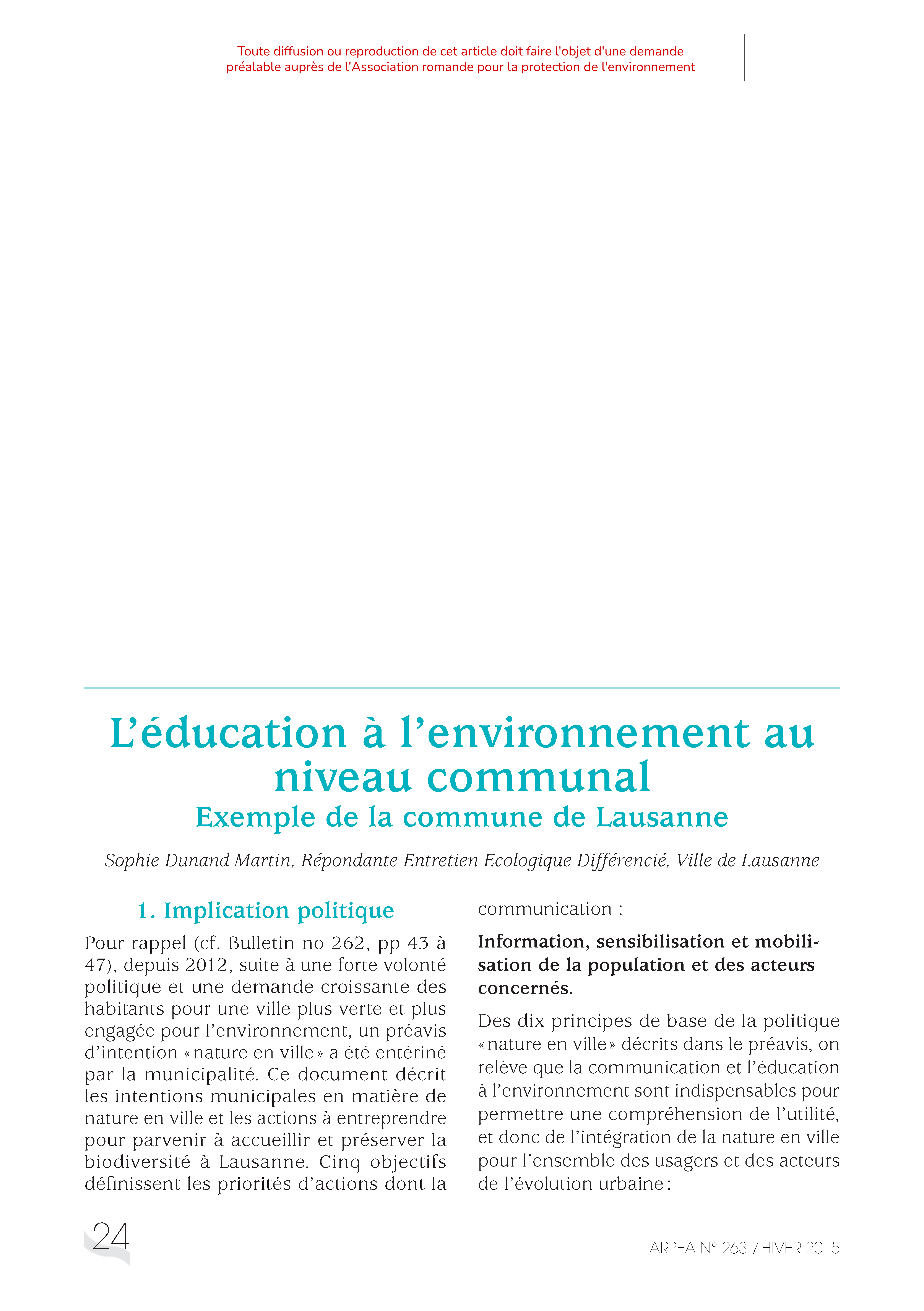 L’éducation à l’environnement au niveau communal Exemple de la commune de Lausanne