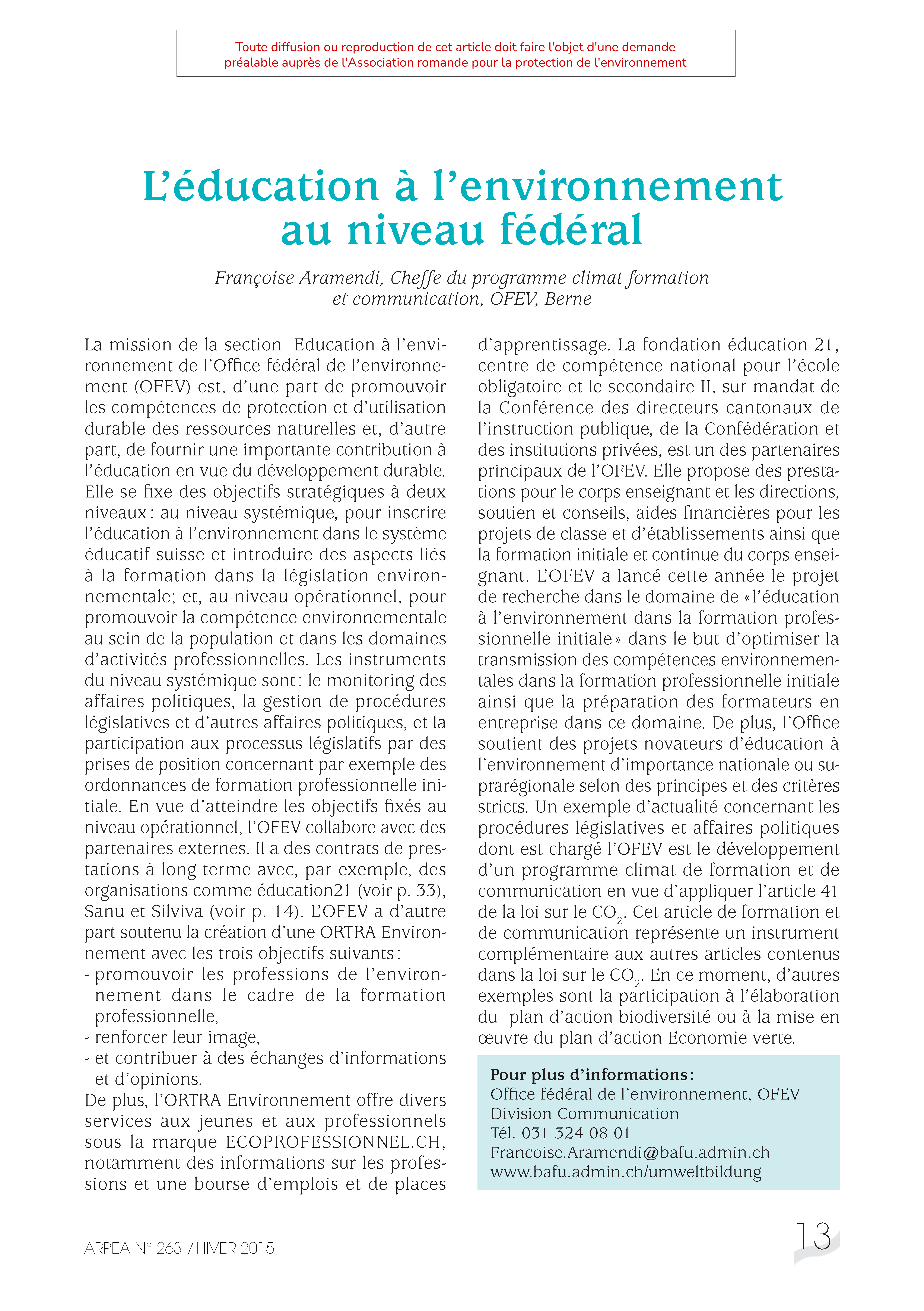 L’éducation à l’environnement au niveau fédéral