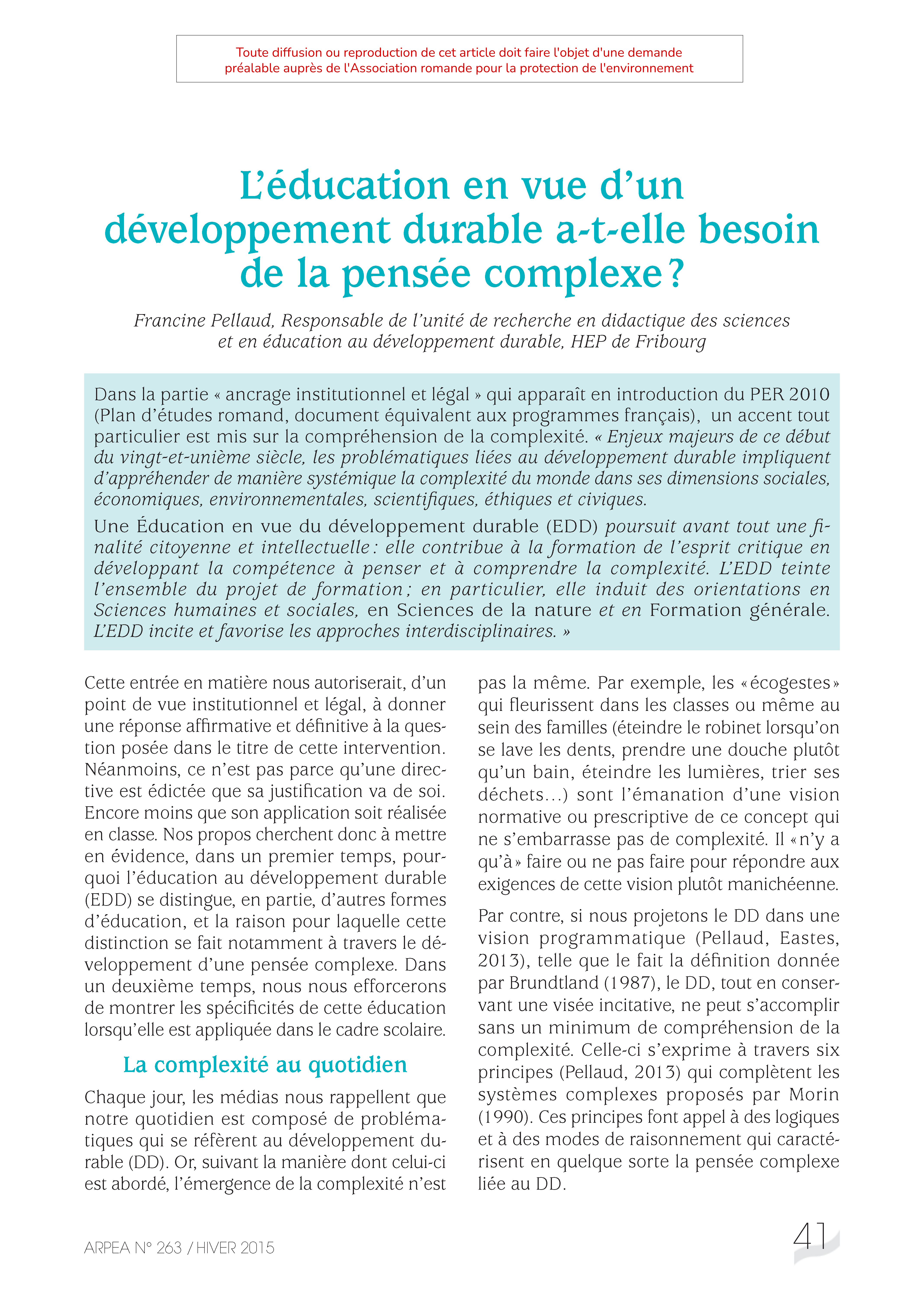 L’éducation en vue d’un développement durable a-t-elle besoin de la pensée complexe ?