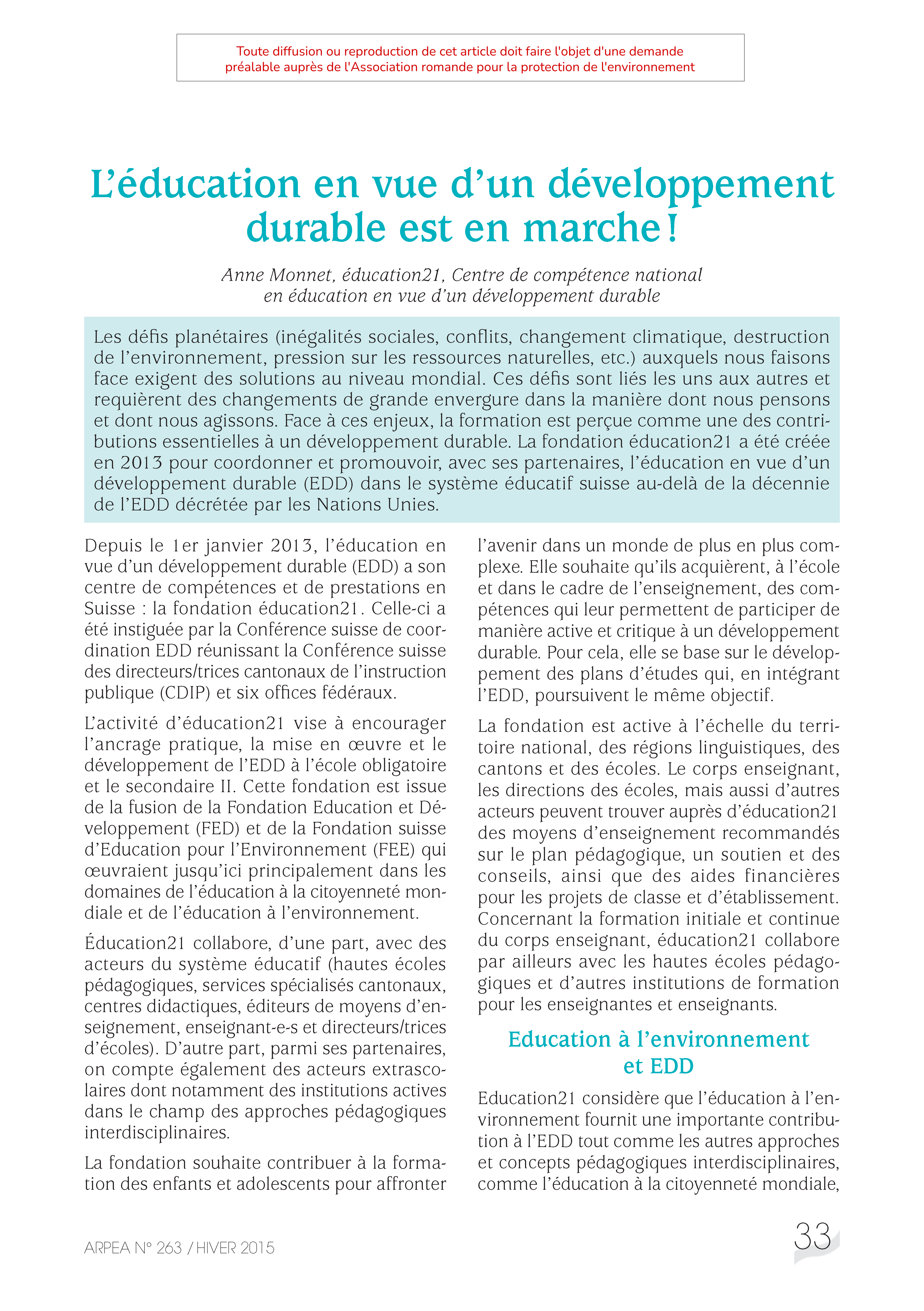 L’éducation en vue d’un développement durable est en marche !