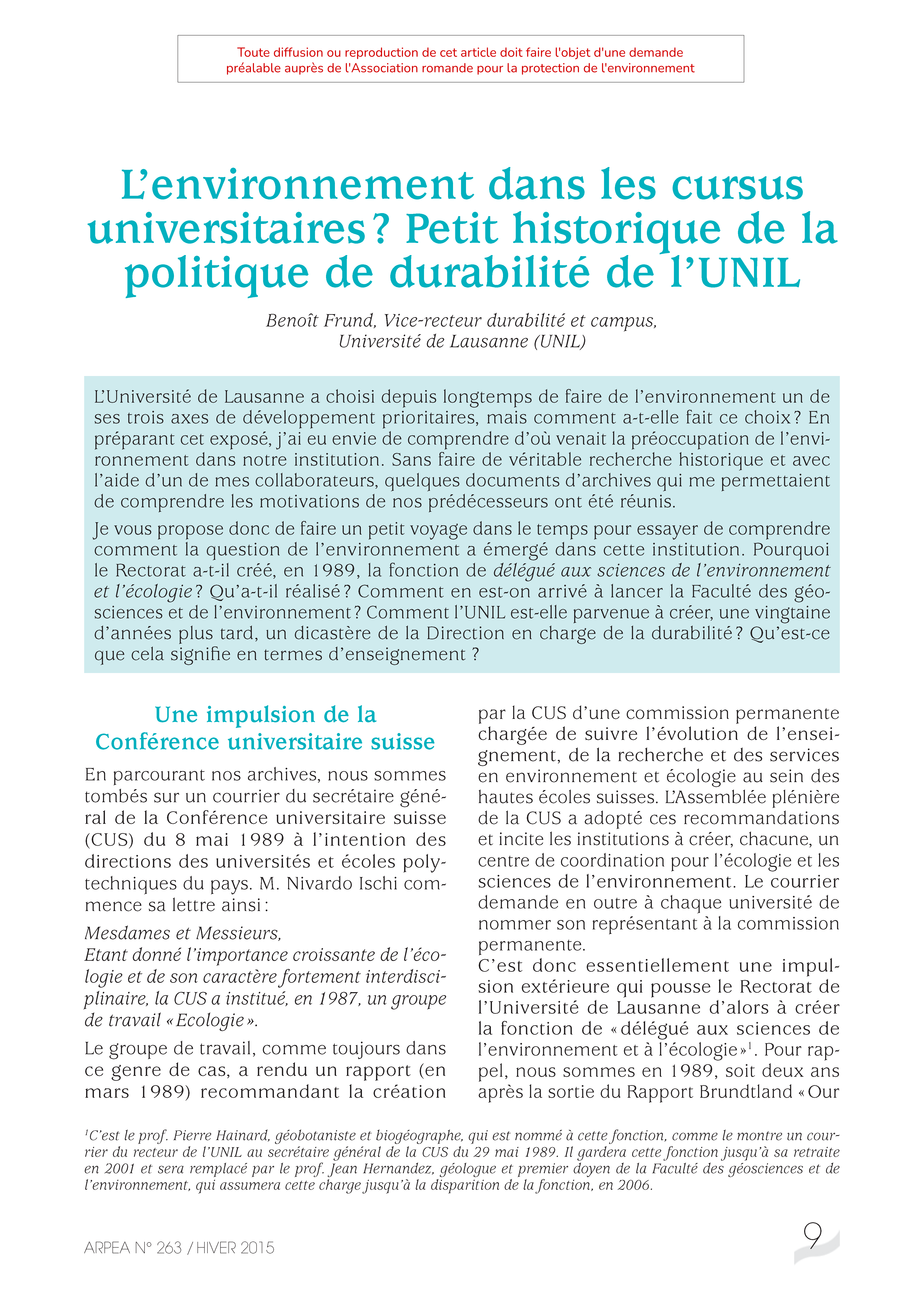 L’environnement dans les cursus universitaires ? Petit historique de la politique de durabilité de l’UNIL