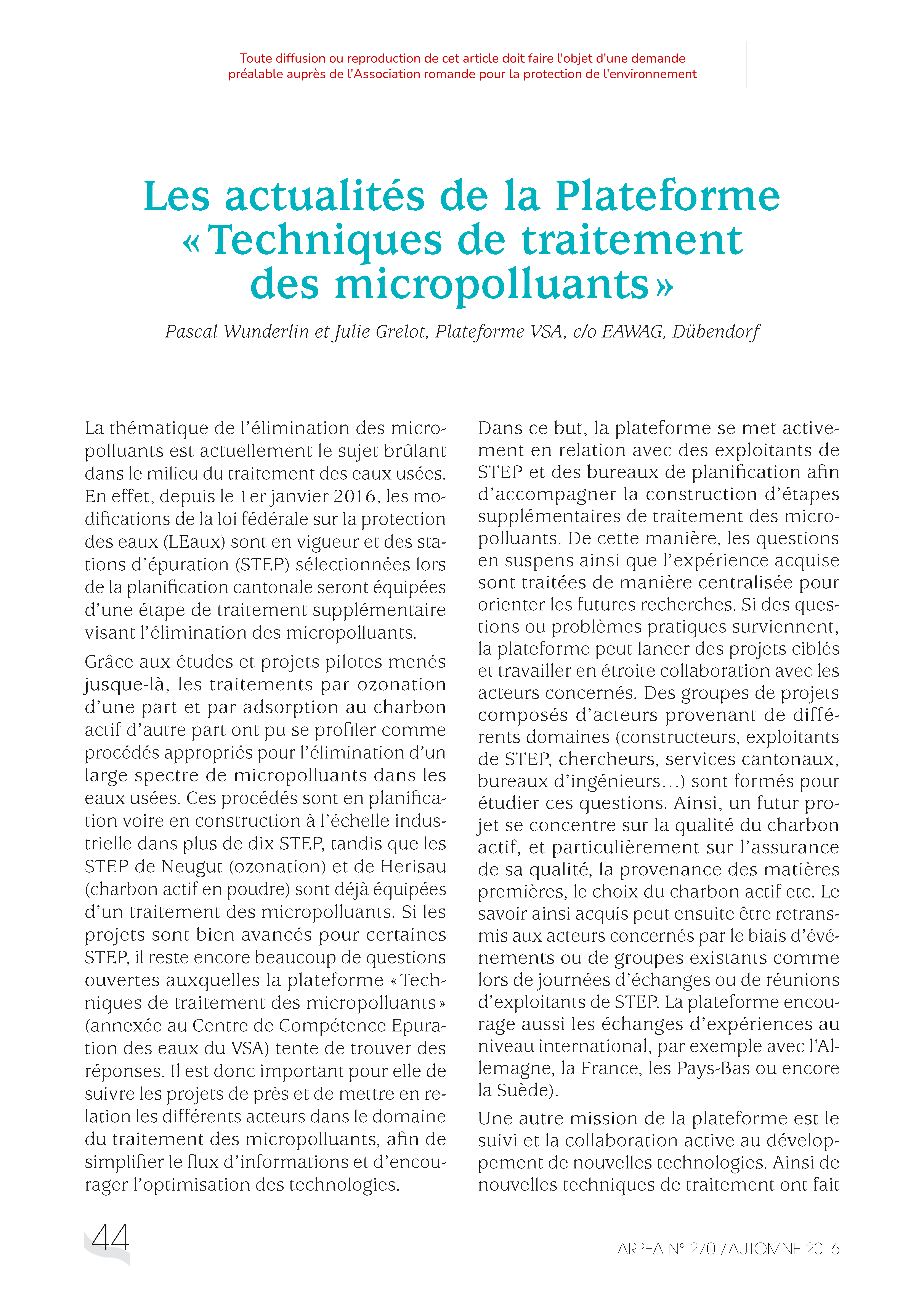 Les actualités de la Plateforme « Techniques de traitement des micropolluants »
