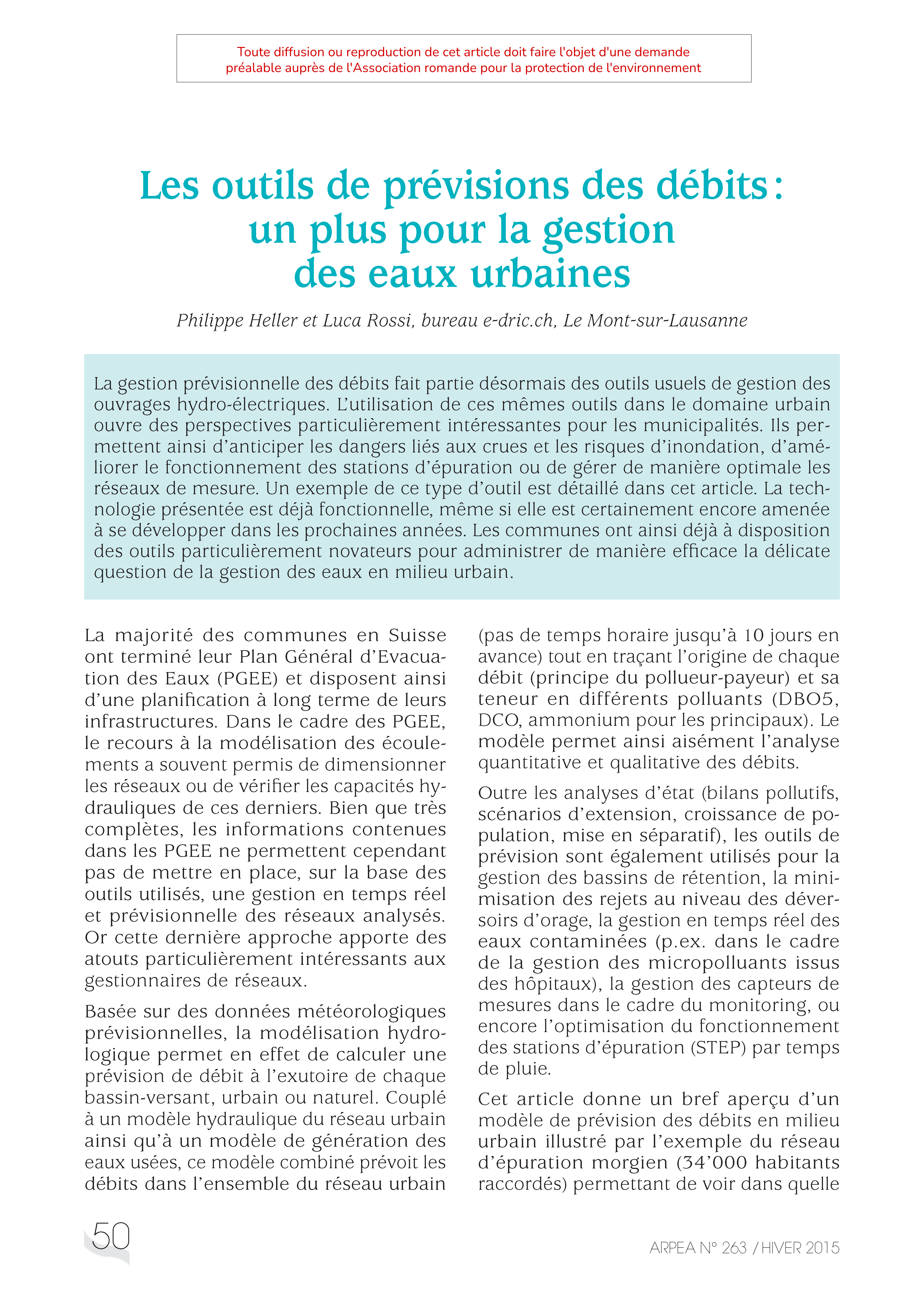 Les outils de prévisions des débits : un plus pour la gestion des eaux urbaines