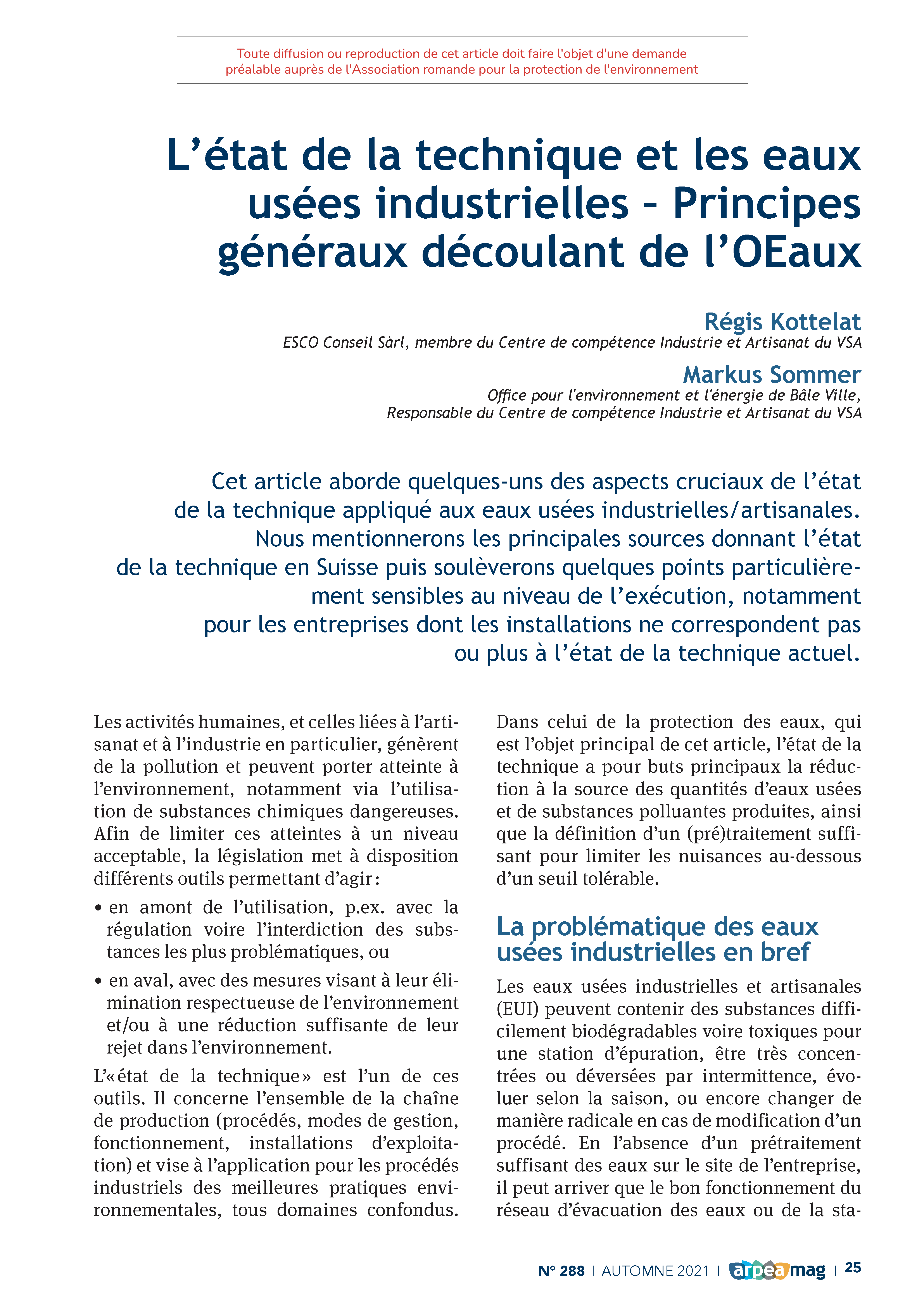 L’état de la technique et les eaux usées industrielles – Principes généraux découlant de l’OEaux