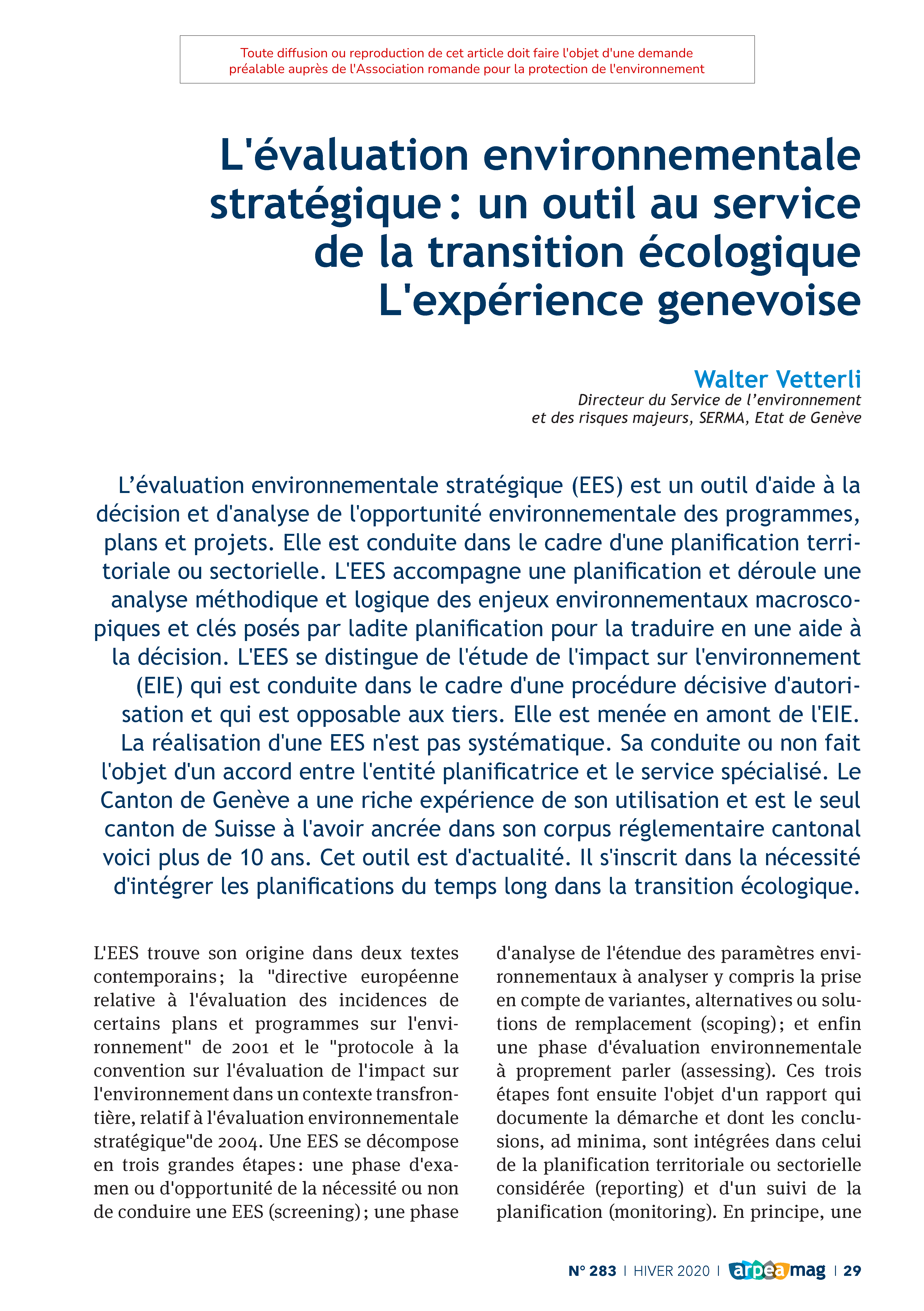 L’évaluation environnementale stratégique : un outil au service de la transition écologique. L’expérience genevoise