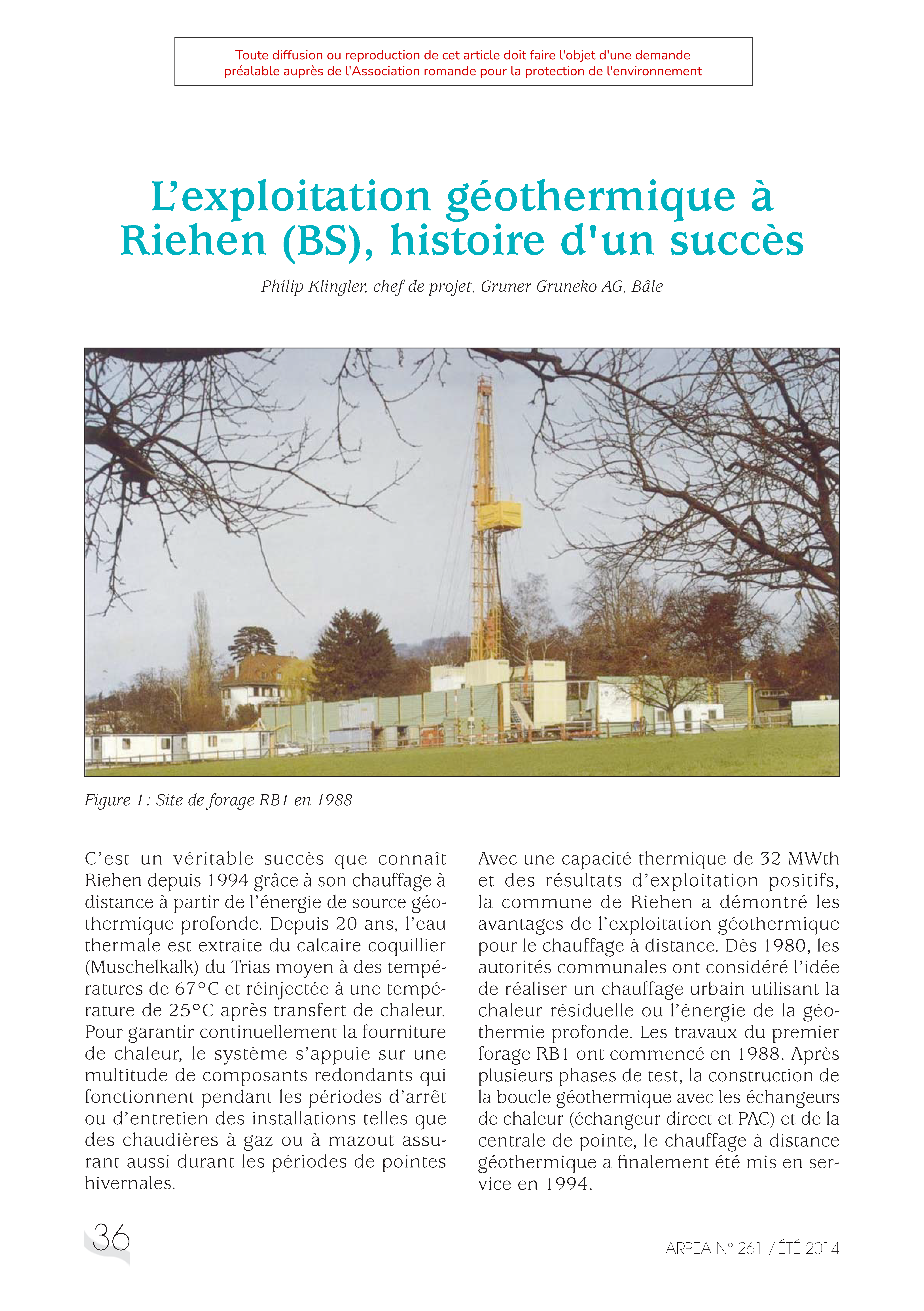 L’exploitation géothermique à Riehen (BS), histoire d’un succès