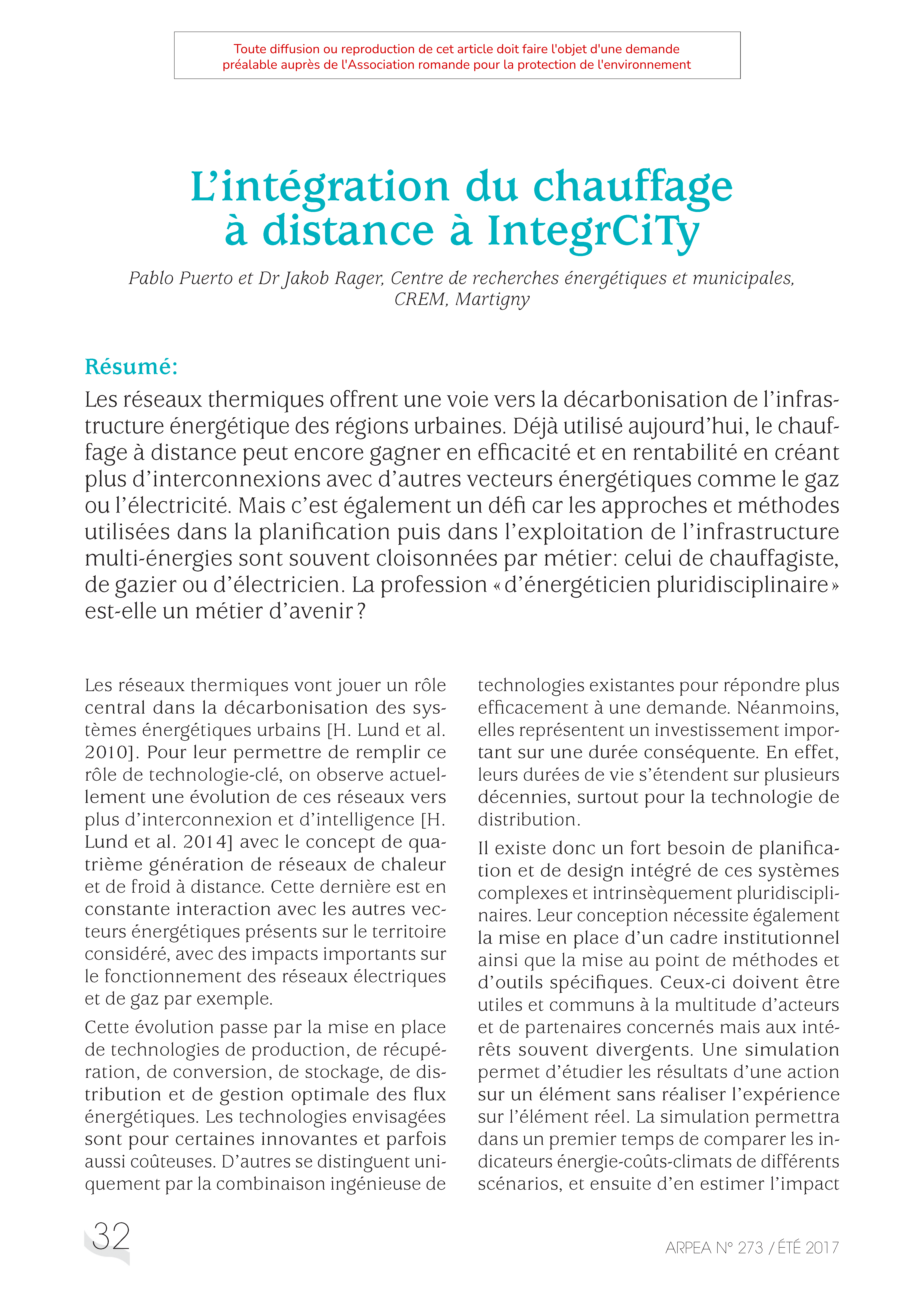 L’intégration du chauffage à distance à IntergrCiTy