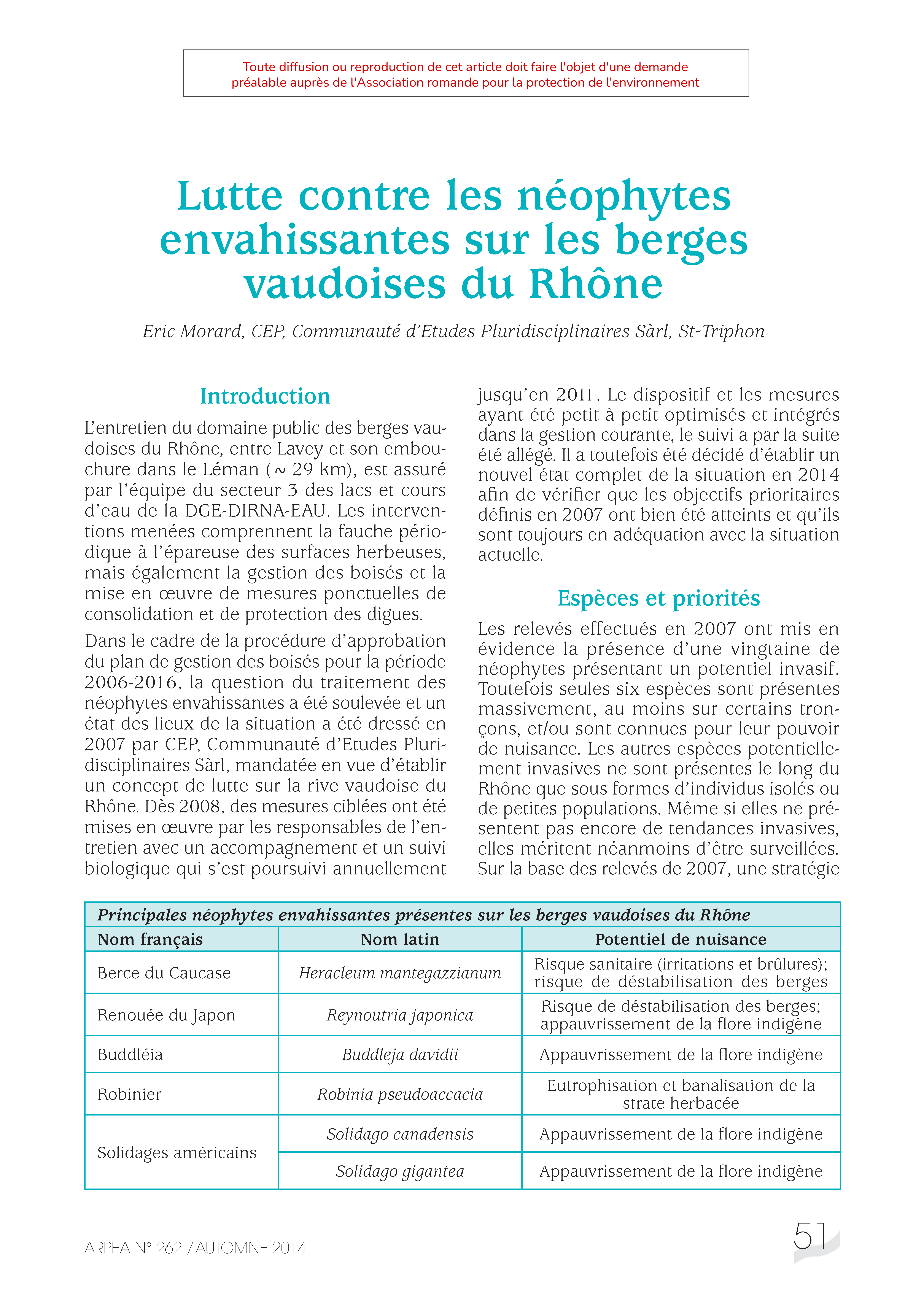 Lutte contre les néophytes envahissantes sur les berges vaudoises du Rhône